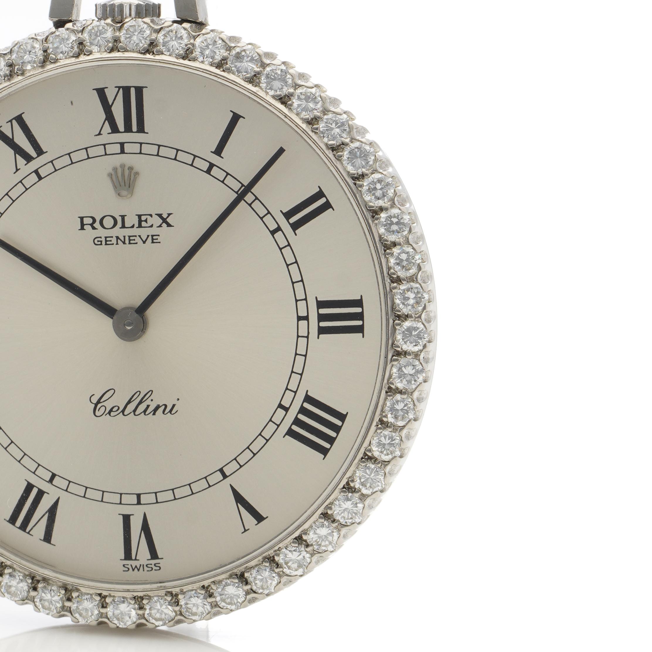 Rolex Cellini 18karat white gold and diamond open-face keyless wind pocket watch. Ref. 3790
Made in Switzerland, Circa 1970's
Dial: Silver with printed Roman chapter and inner five-minute chapter, black hands.
Movement: Manual wind
Calibre: 1600
