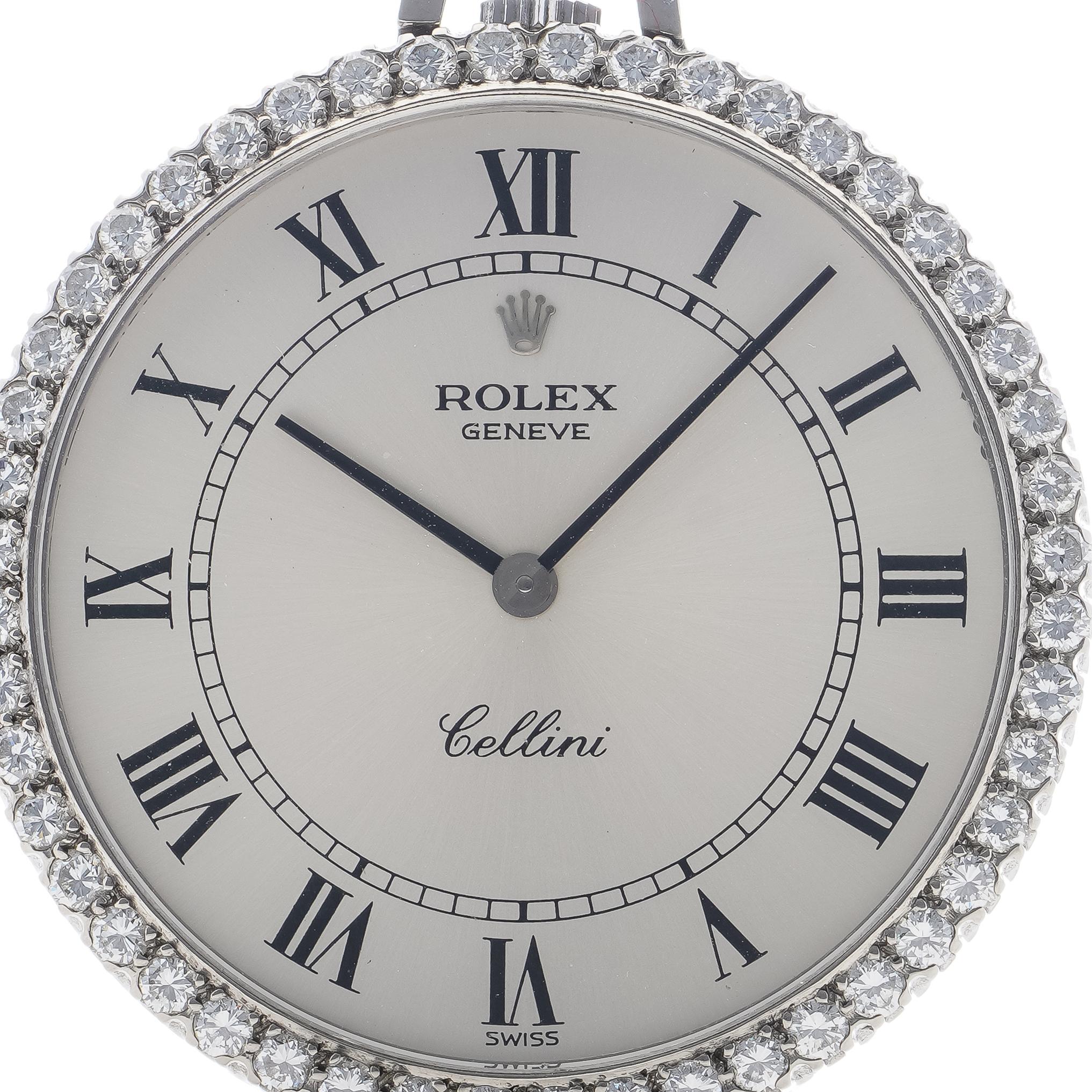 Rolex Cellini 18karat White Gold and Diamond Open-Face Keyless Wind Pocket Watch In Good Condition In Braintree, GB