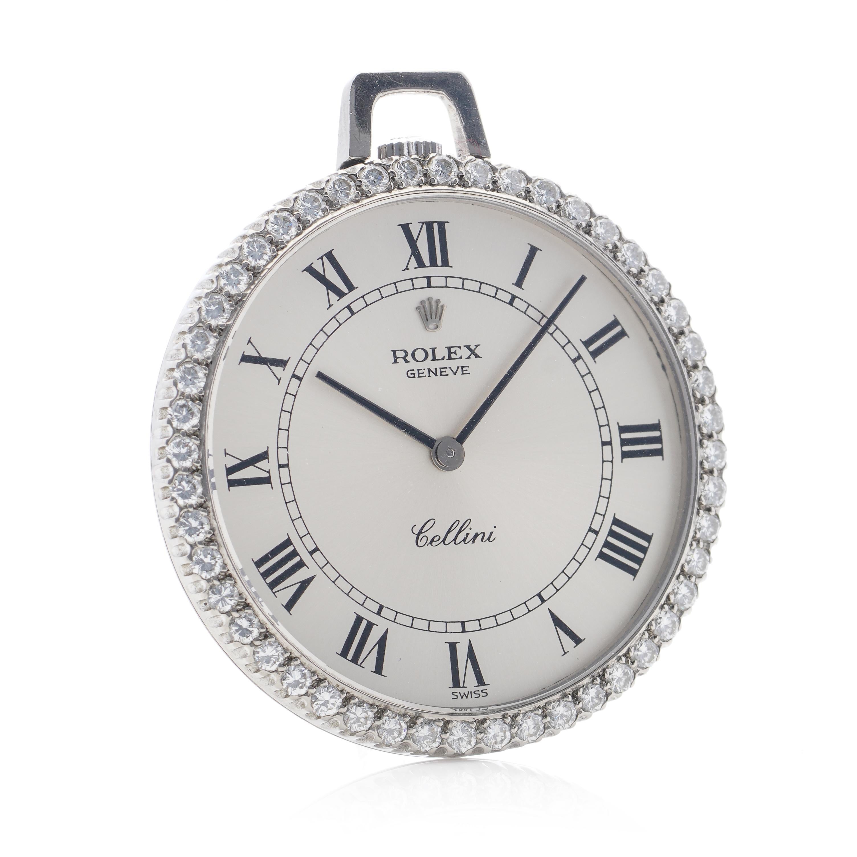 Women's or Men's Rolex Cellini 18karat White Gold and Diamond Open-Face Keyless Wind Pocket Watch