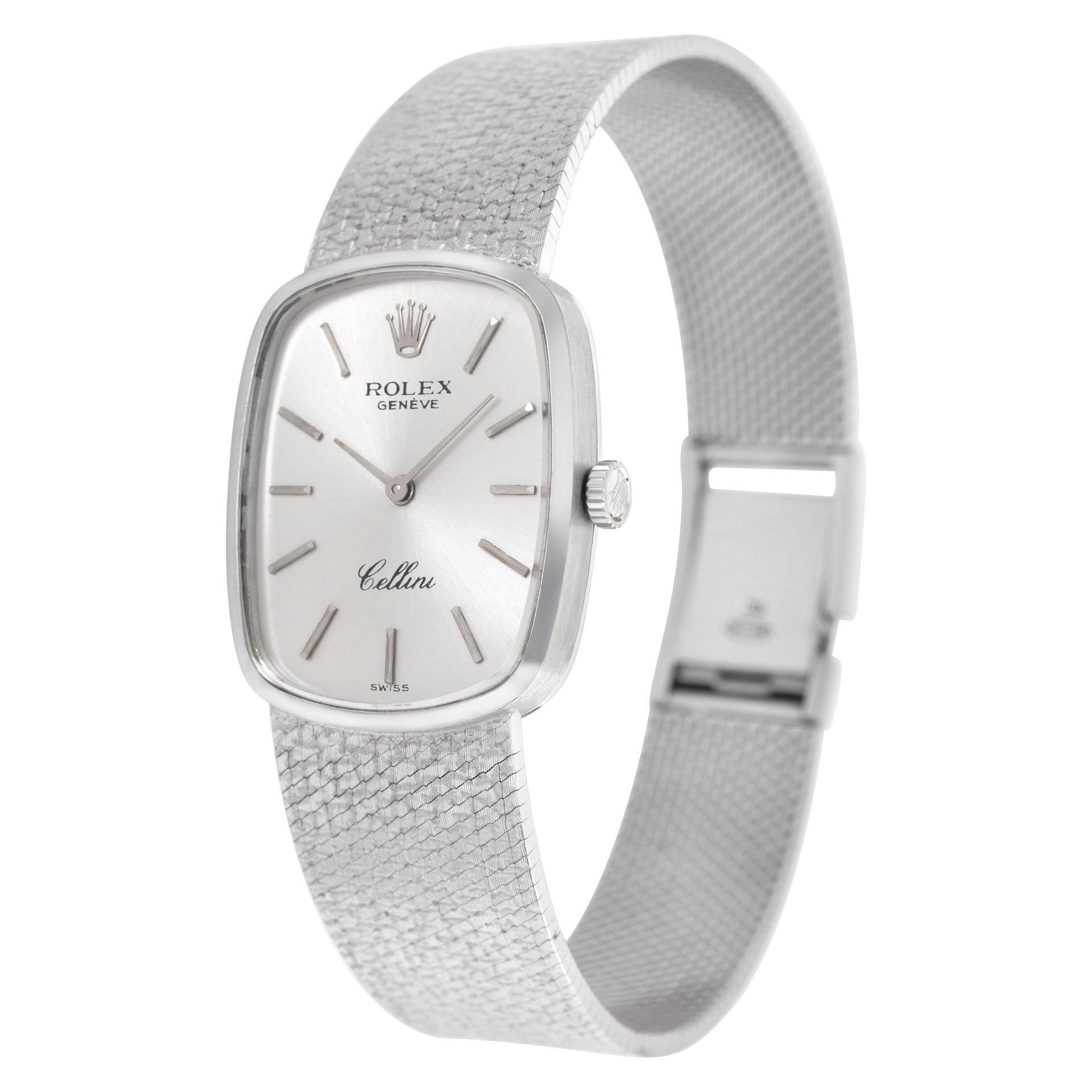 Rolex Cellini in 18k white gold. Manual. 23 mm case size. Fits 7.25 inches wrist.**Bank wire only at this price** Circa 1975 Fine Pre-owned Rolex Watch. Certified preowned Vintage Rolex Cellini watch is made out of white gold on a 18k White Gold