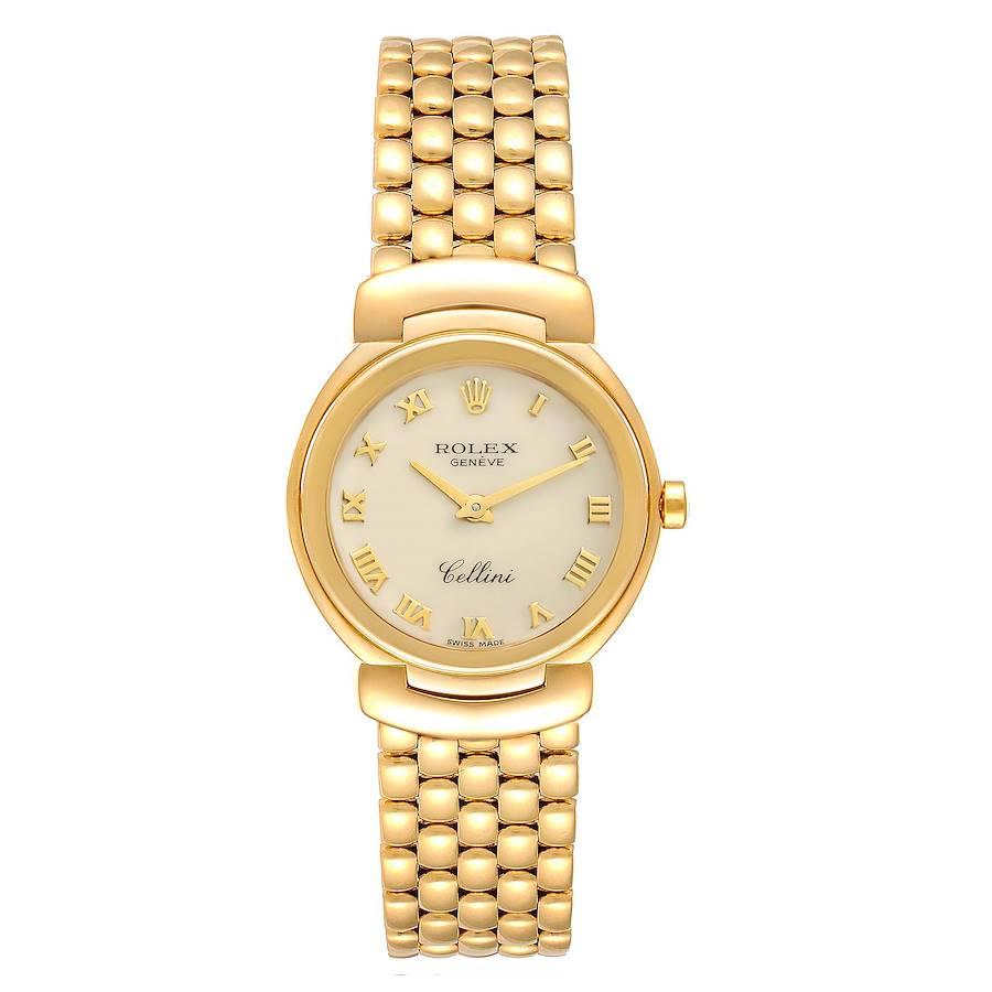 Rolex Cellini 26mm Ivory Roman Dial Yellow Gold Ladies Watch 6621. Quartz movement. 18k yellow gold case 26.0 mm. Rolex logo on a crown. . Scratch resistant sapphire crystal. Ivory cream dial with raised gold roman numerals. 18k yellow gold bracelet