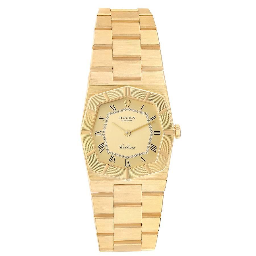 Rolex Cellini 26mm Octagonal 18K Yellow Gold Ladies Watch 4360. Quartz movement. 18k yellow gold octagonal case 26.0 mm. Rolex logo on a crown. . Scratch resistant sapphire crystal. Two tone champagne dial with roman numerals and baton hands. 18k
