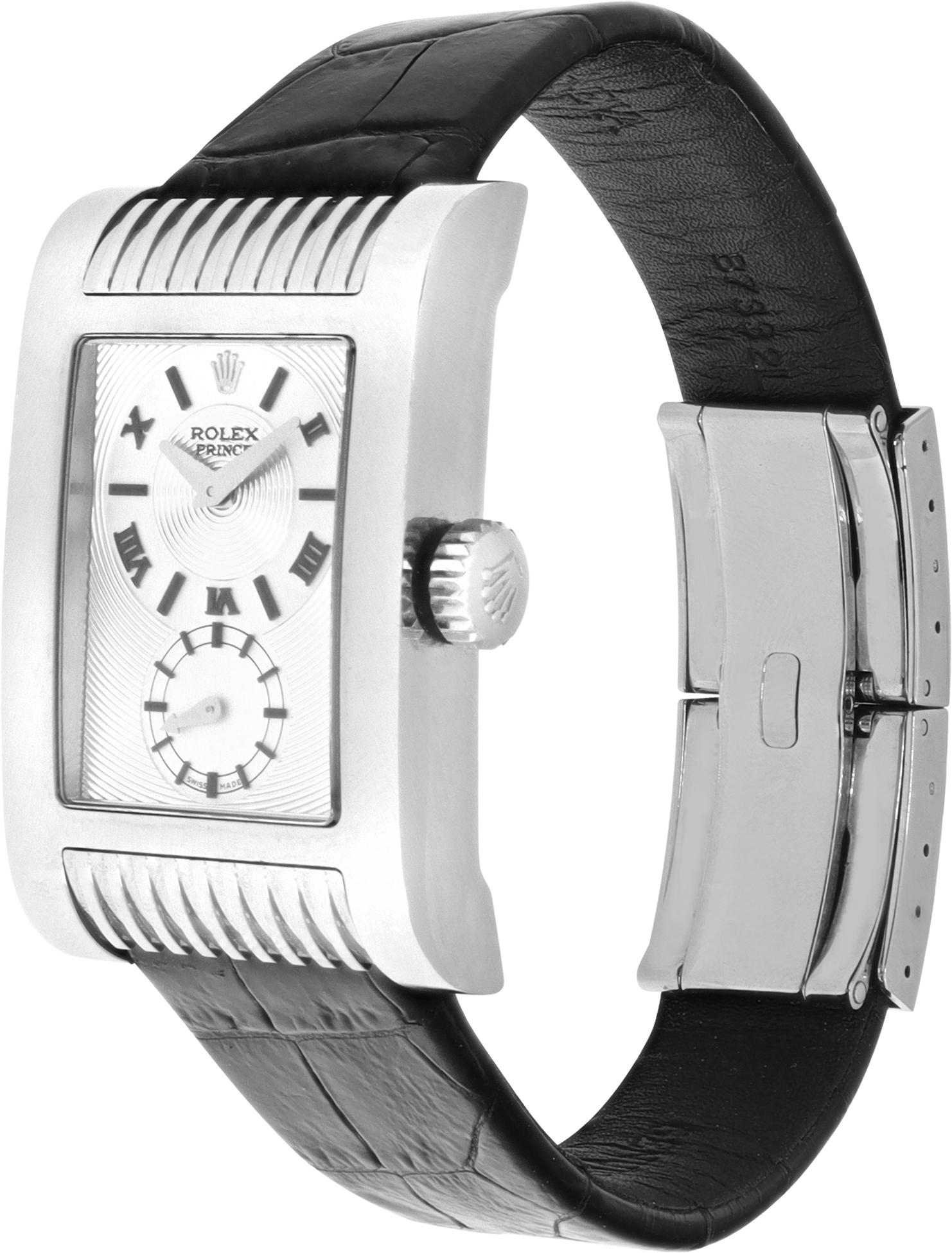 Rolex Cellini Prince en or blanc 18k sur bracelet en cuir avec boucle déployante Rolex en or blanc 18k. Manuel avec seconde à balayage. Boîtier de 28 mm. Avec boîte et papiers. *A ce prix, seul le virement bancaire est possible* Ref 5441/9. Circa