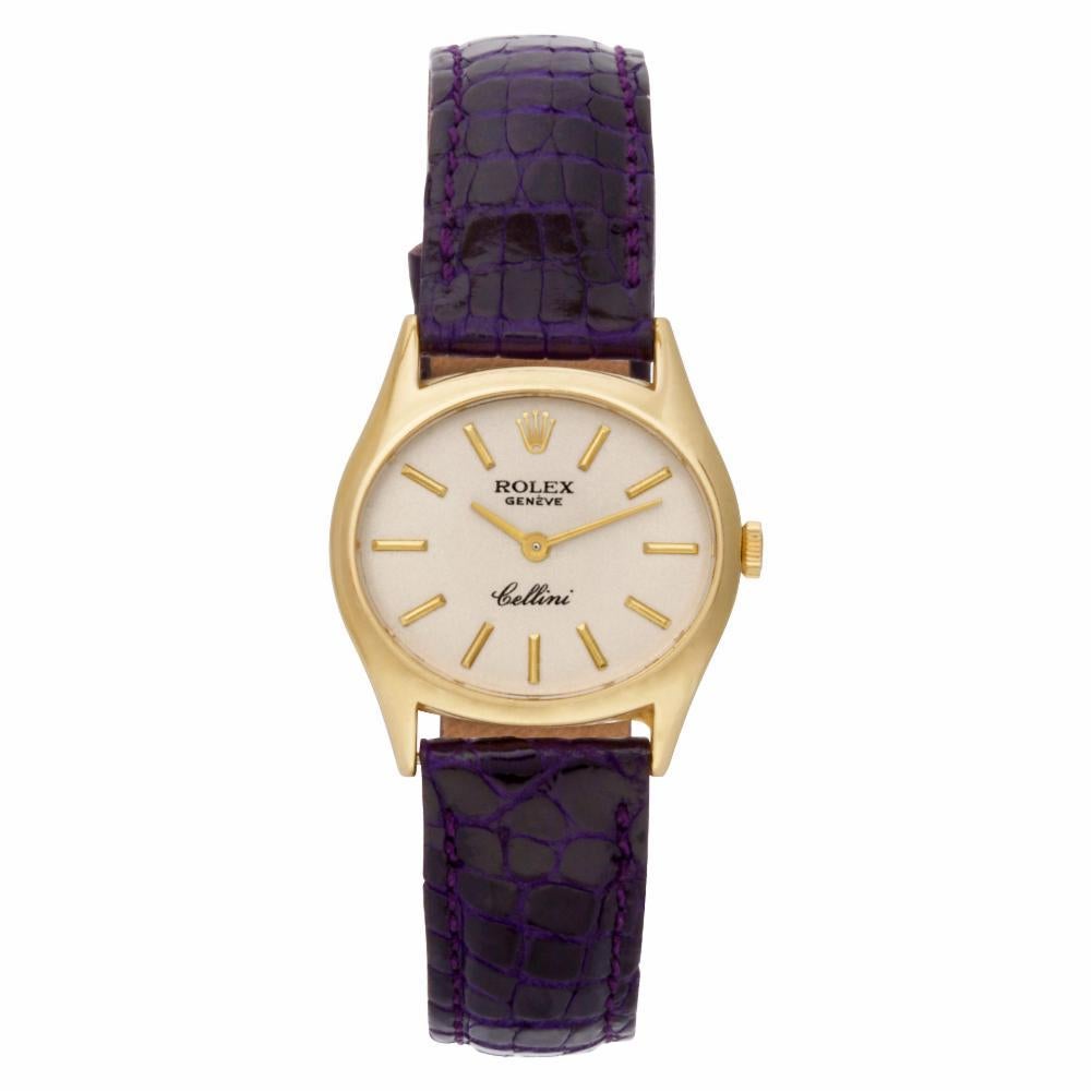 Rolex Cellini Reference #:3802. Vintage Ladies Rolex Cellini in 18k on leather strap. Manual. Ref 3802. Fine Pre-owned Rolex Watch. Certified preowned Vintage Rolex Cellini 3802 watch is made out of yellow gold on a Purple Leather Strap band with a