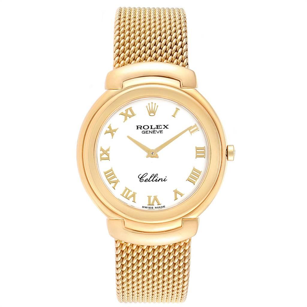 Rolex Cellini 38mm Yellow Gold White Roman Dial Mens Watch 6623. Quartz movement. 18k yellow gold case 37.5 mm. Rolex logo on a crown. Hooded lugs. Scratch resistant sapphire crystal. White dial with raised gold roman numerals. 18k yellow gold mesh