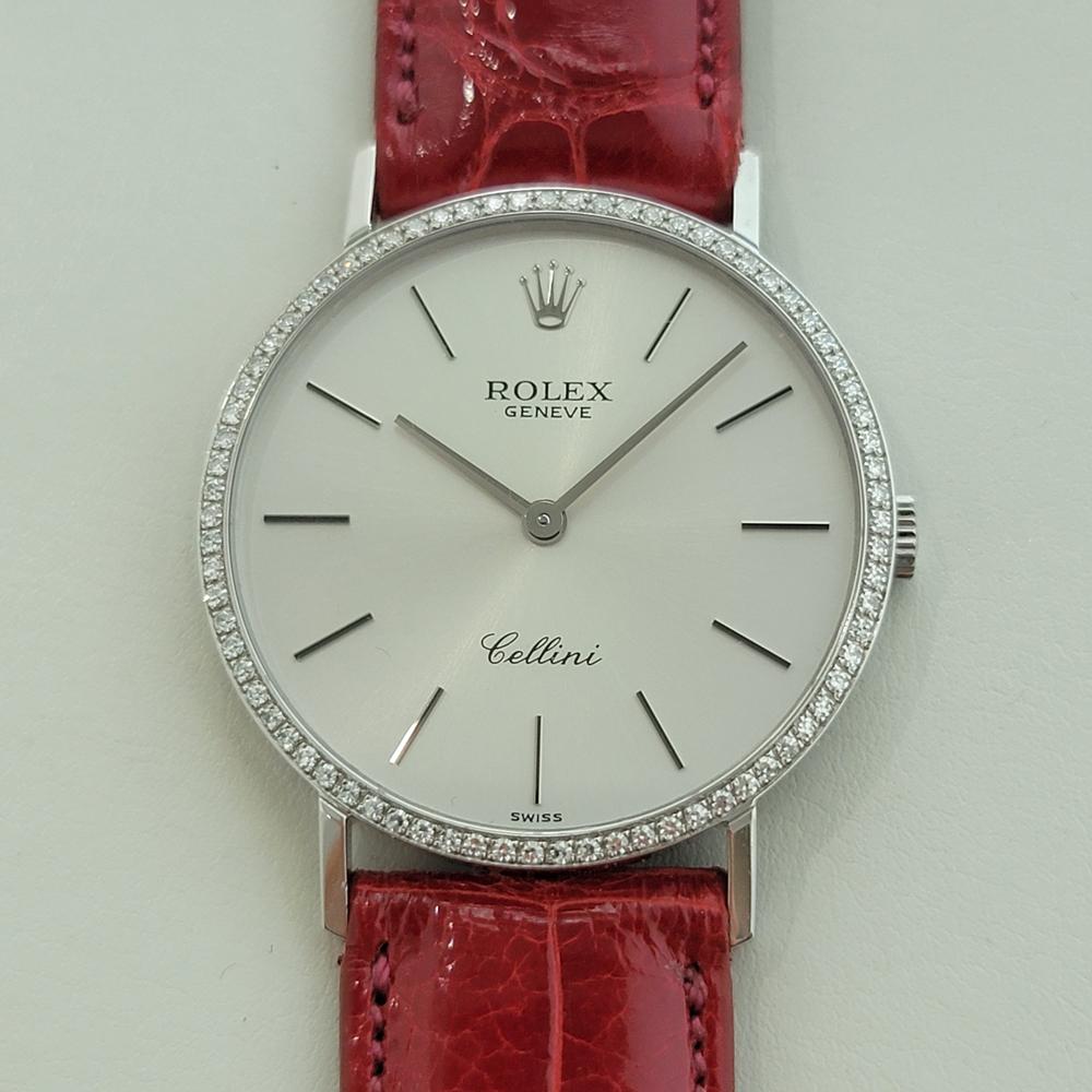 Luxurious classic, Rolex Cellini Ref.4112 Manual Wind diamond dress watch for gents, c.1995, in excellent working condition. Verified authentic by a master watchmaker. Gorgeous Geneve-hallmarked Rolex signed silver dial, applied stick index hour