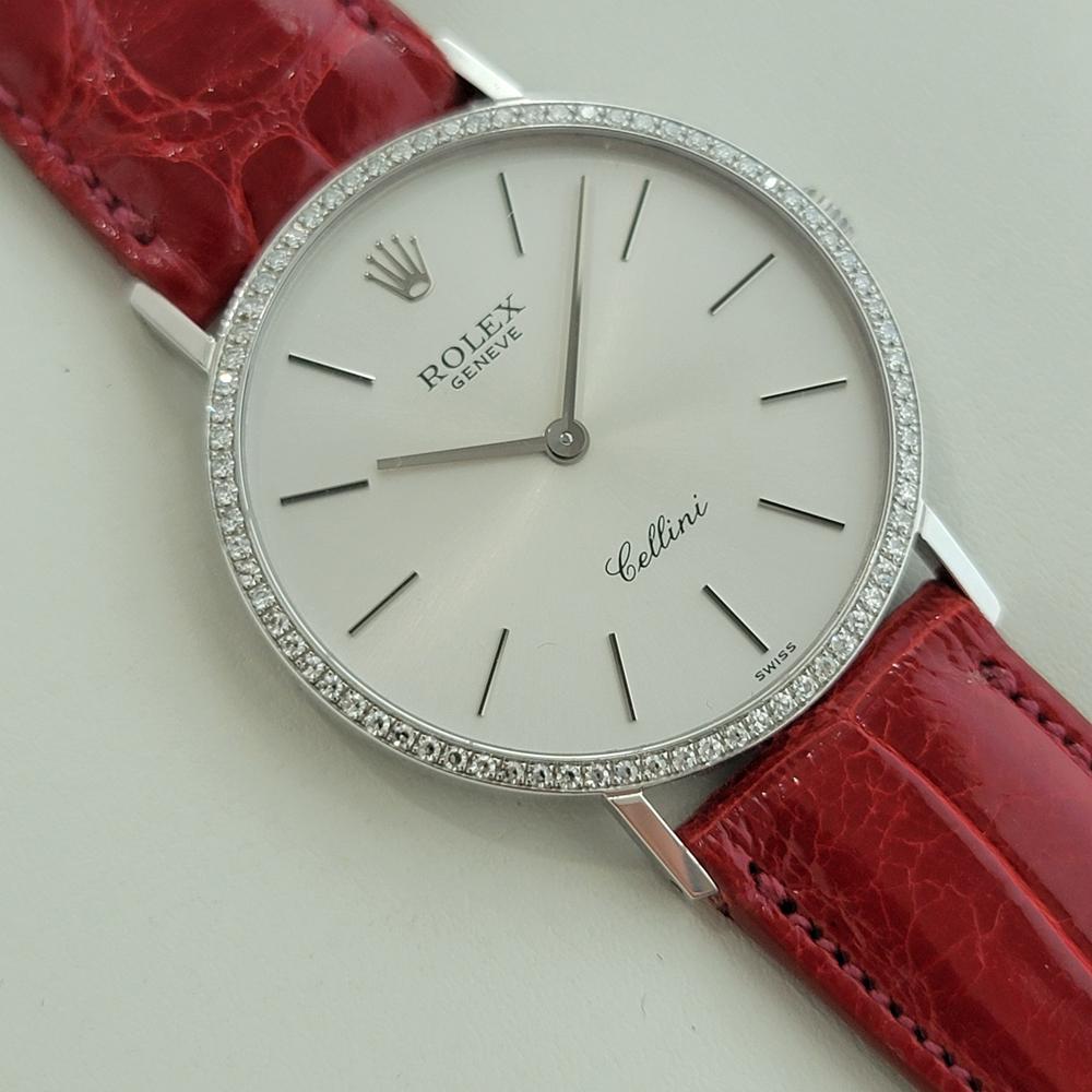 Rolex Cellini 4112 18k White Gold 33mm Mens 1990s Diamond Hand Wind Watch RA666 In Excellent Condition For Sale In Beverly Hills, CA