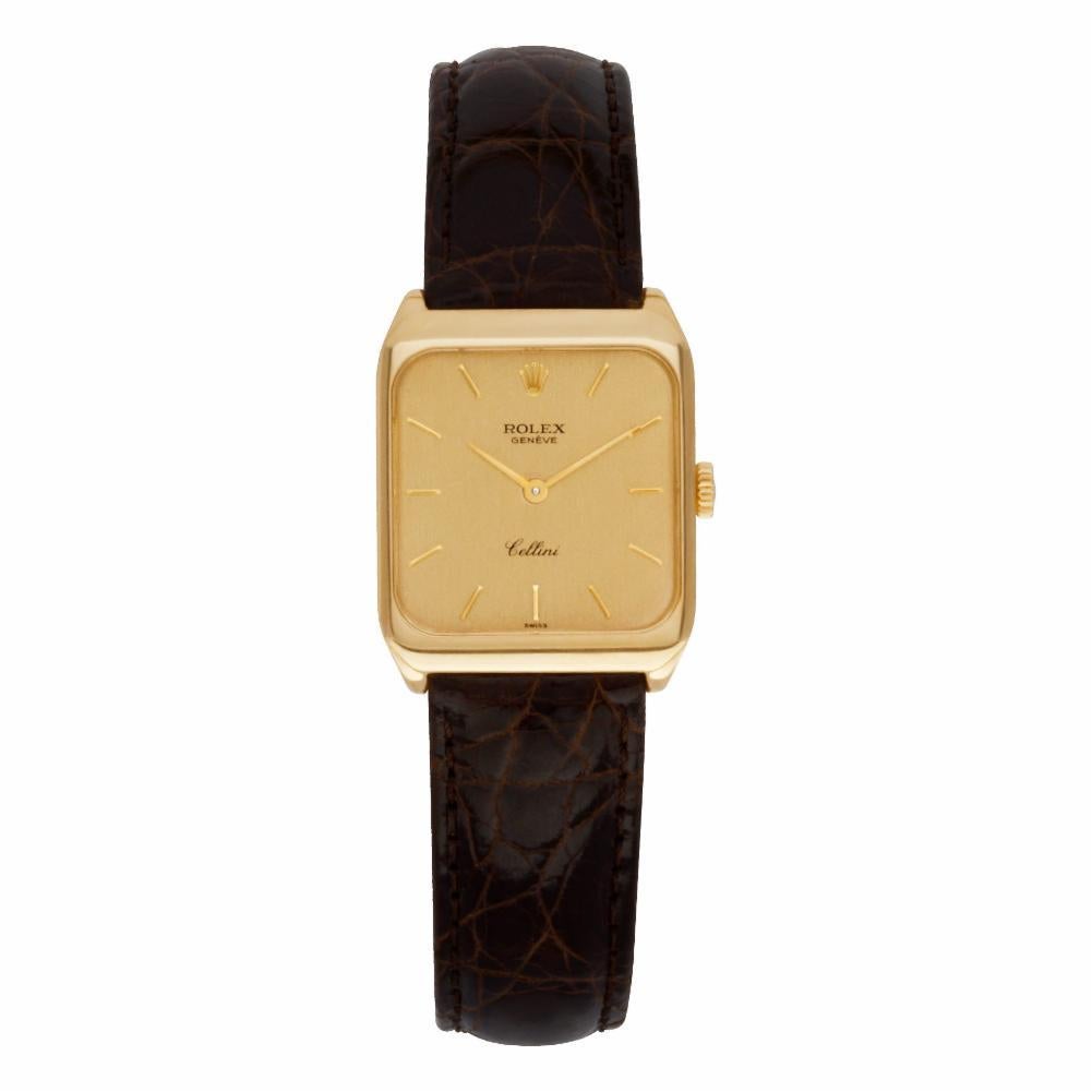 Rolex Cellini Reference #:4131. Rolex Cellini in 18k yellow gold on a brown crocodile strap with original plaque buckle. Manual. Ref 4131. Circa 1975 Fine Pre-owned Rolex Watch. Certified preowned Vintage Rolex Cellini 4131 watch is made out of