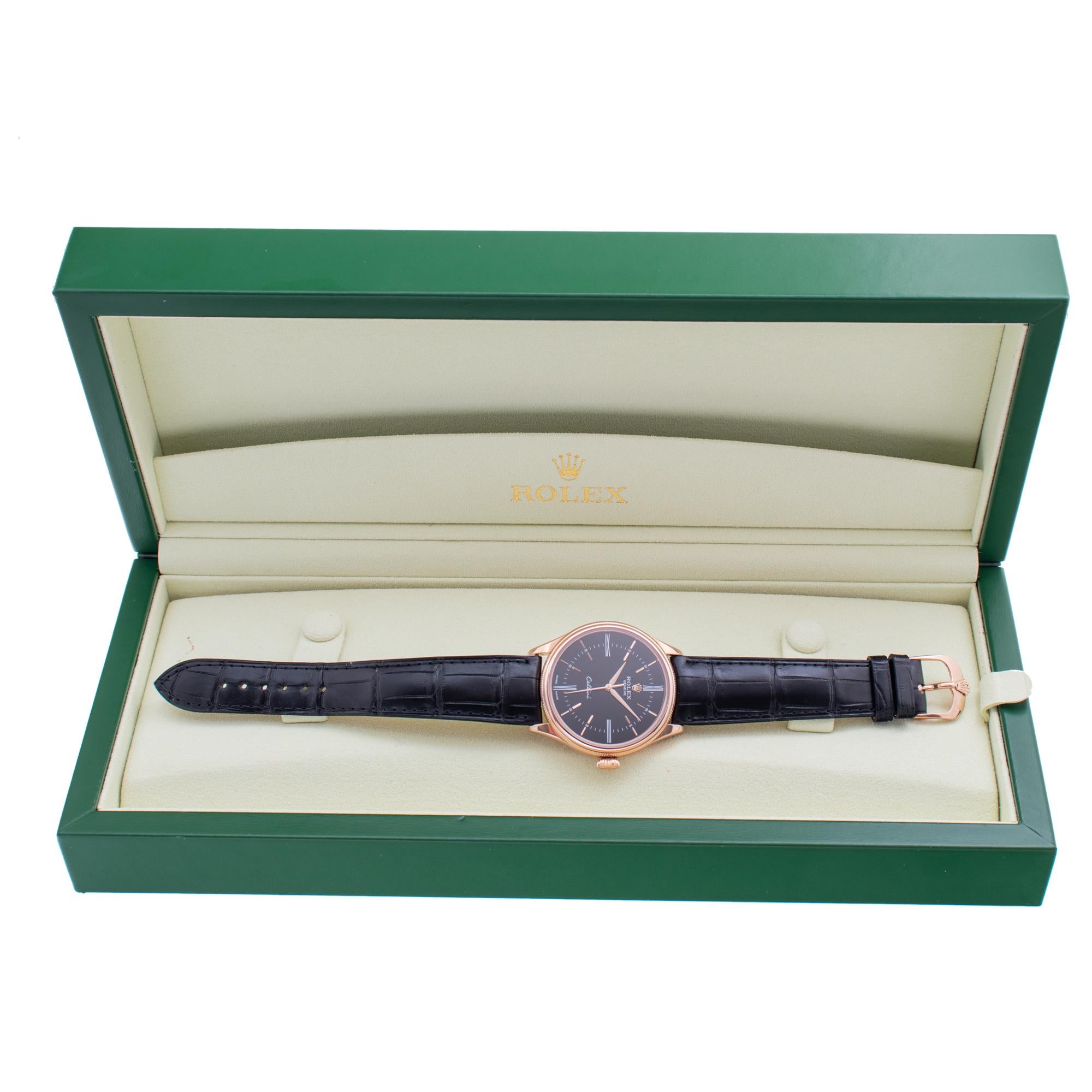 Rolex Cellini in Everose 18k gold on leather strap. Auto w/ sweep seconds. 39 mm case size. Complete with box and papers. **Bank wire only at this price** Ref 50505. Fine Pre-owned Rolex Watch.

Certified preowned Classic Rolex Cellini 50505 watch