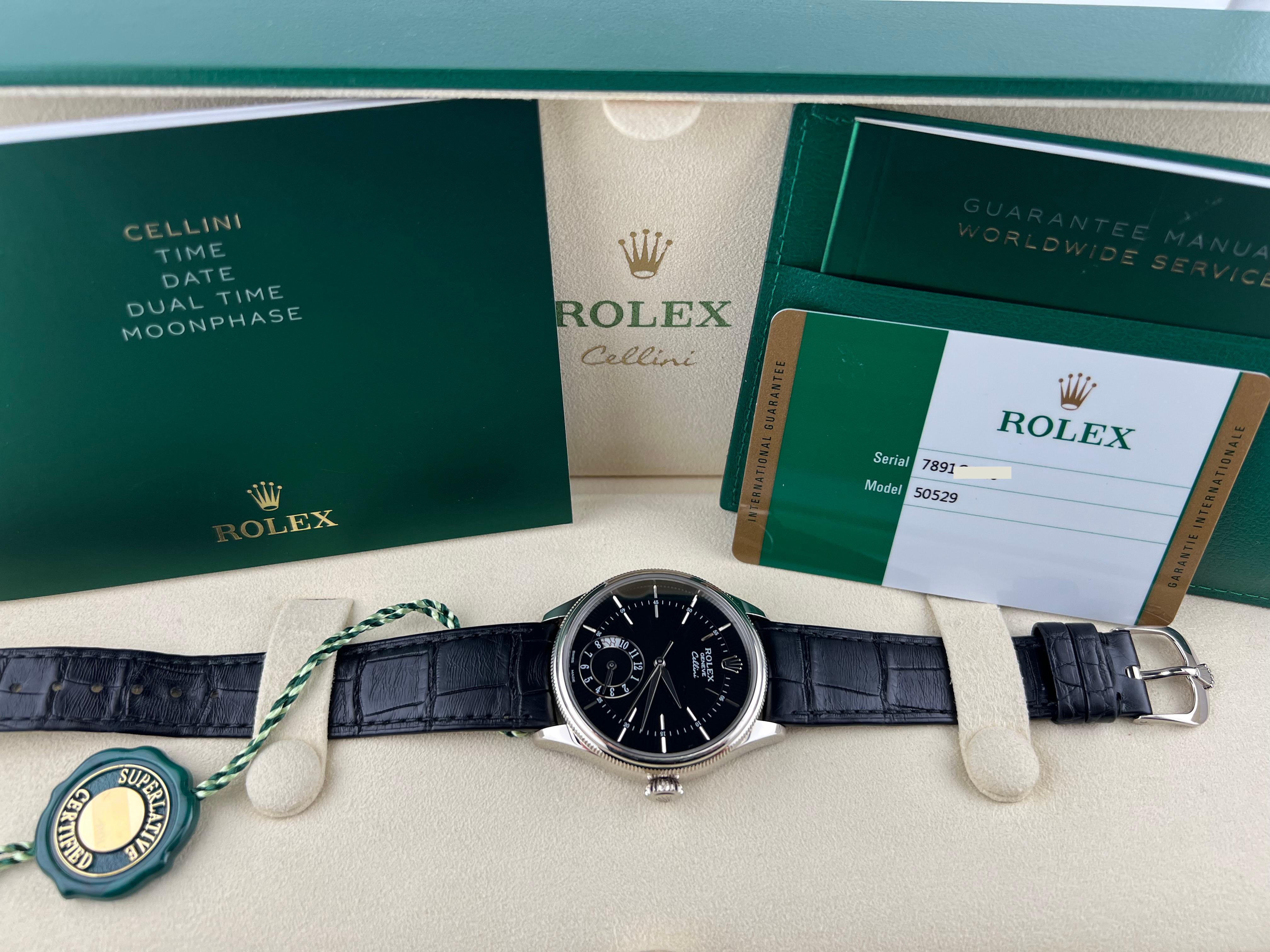Rolex Cellini 50529 Dual Time 39mm Esfera Negra Oro Blanco 18K Caja de Cuero Papel en Bueno Estado en San Diego, CA