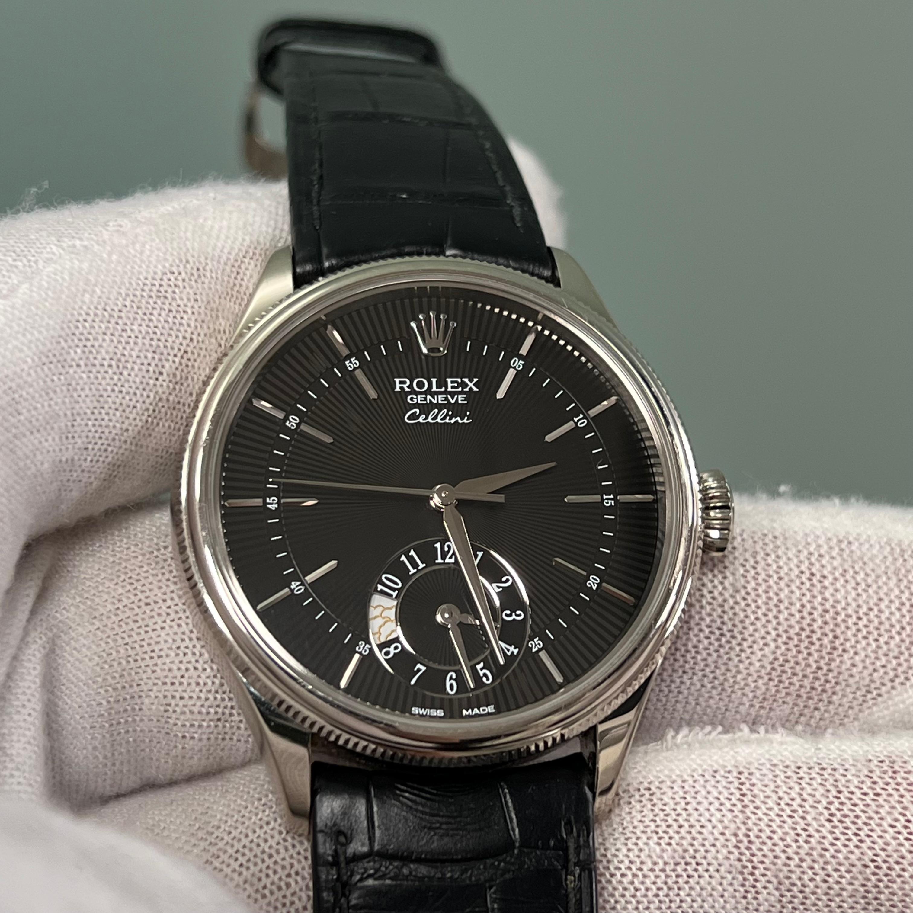 Rolex Cellini 50529 Dual Time 39mm Esfera Negra Oro Blanco 18K Caja de Cuero Papel 2