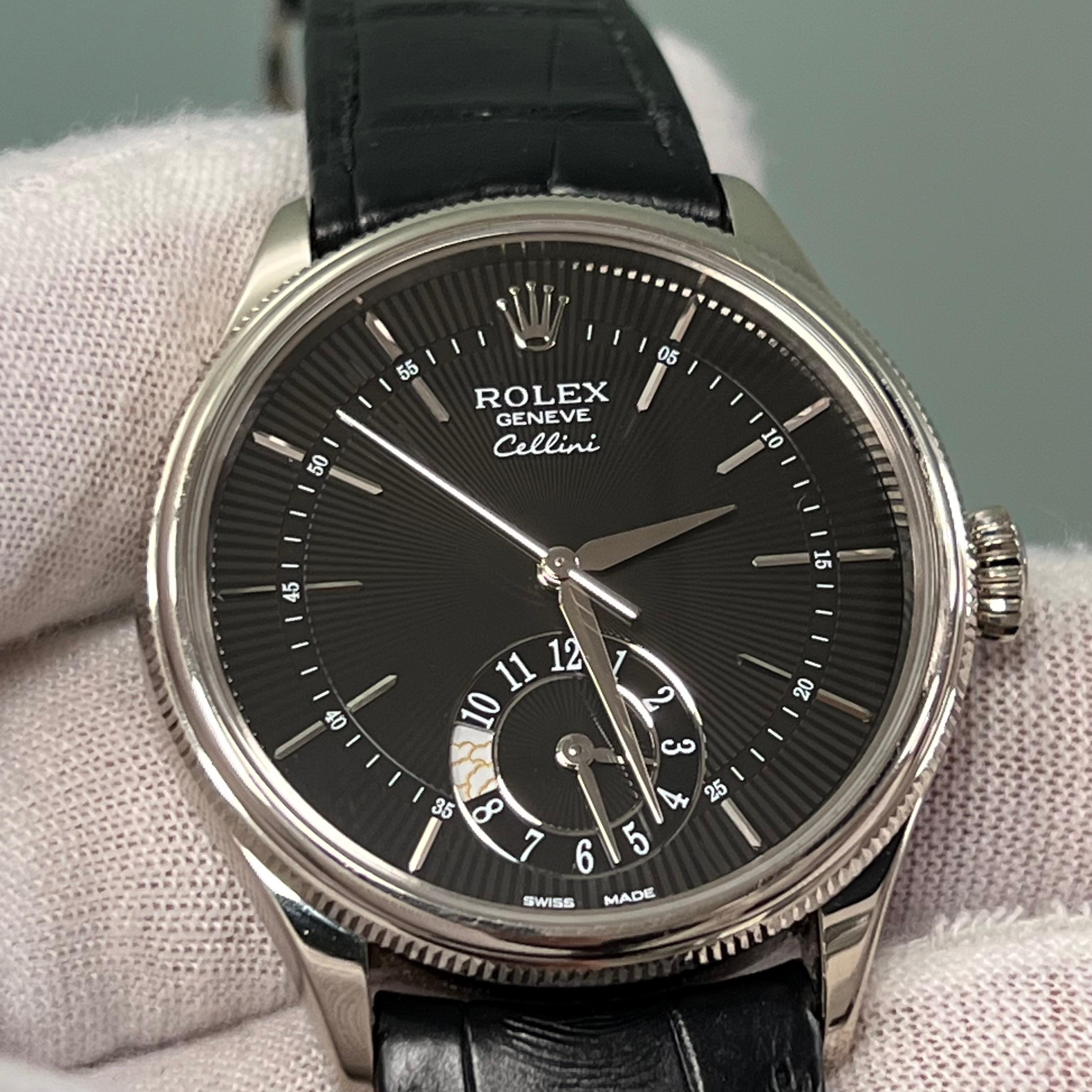 Rolex Cellini 50529 Dual Time 39mm Esfera Negra Oro Blanco 18K Caja de Cuero Papel 3