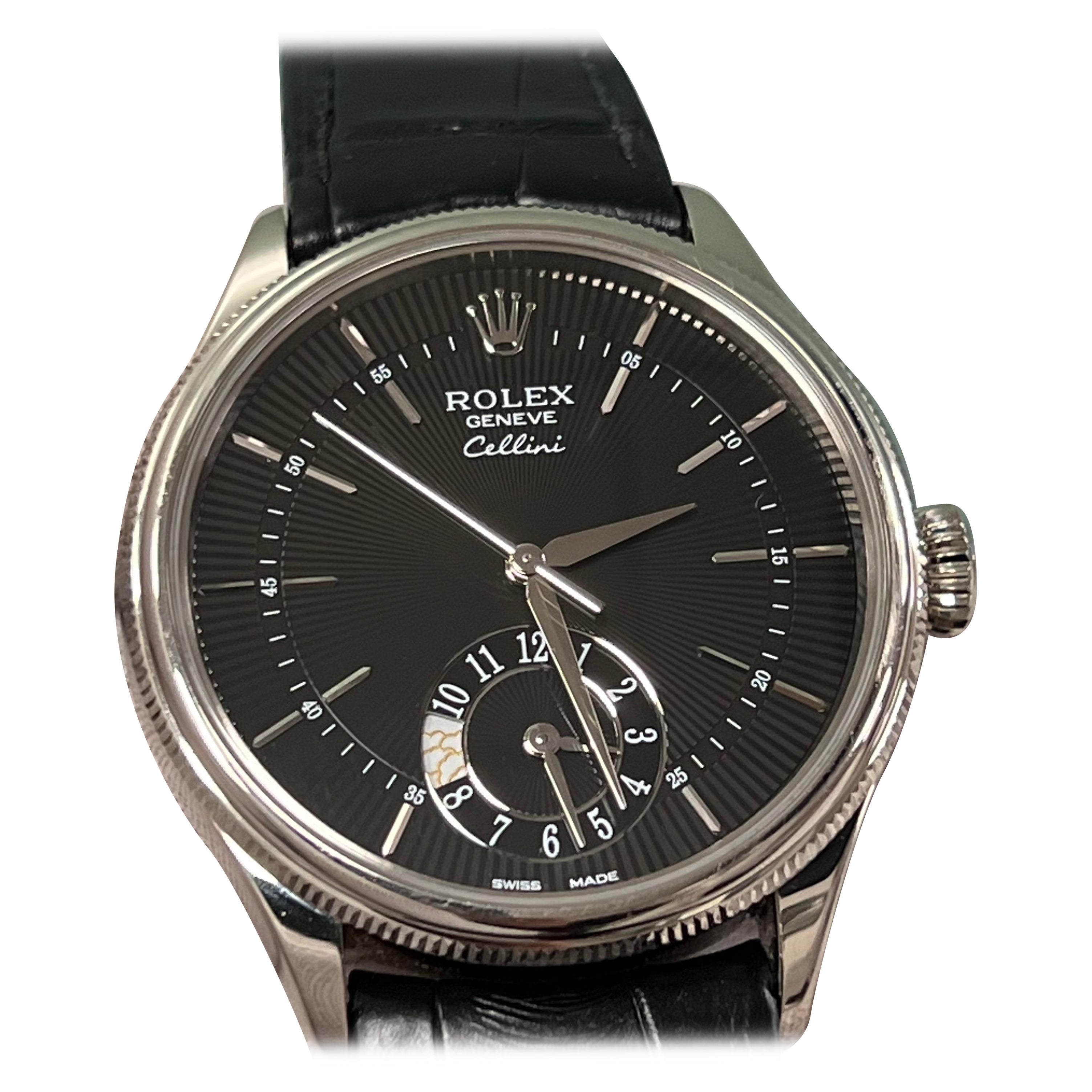 Rolex Cellini 50529 Dual Time 39mm Black Dial 18K White Gold Leather Box Paper