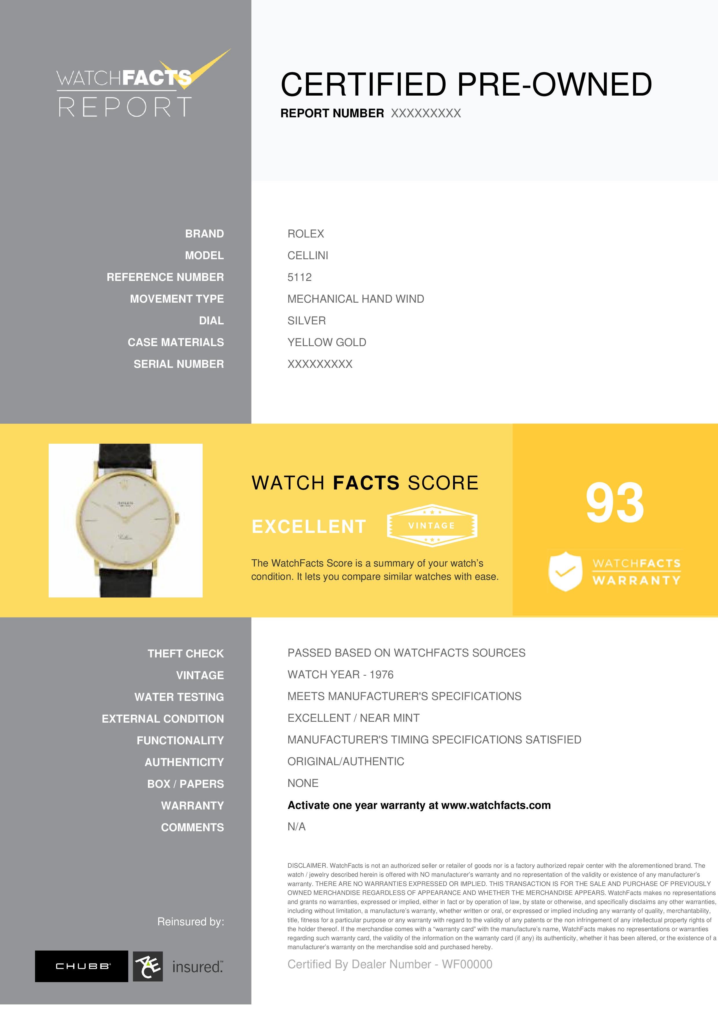 Rolex Cellini Reference #:5112. Rolex Cellini 5112 Vintage Watch.
 
 32 mm 18k yellow gold case.
 
 Silver dial with gold hands and index hour markers.
 
 Adjustable brown leather strap with 18k yellow gold buckle. 
 
 Mechanical hand winding