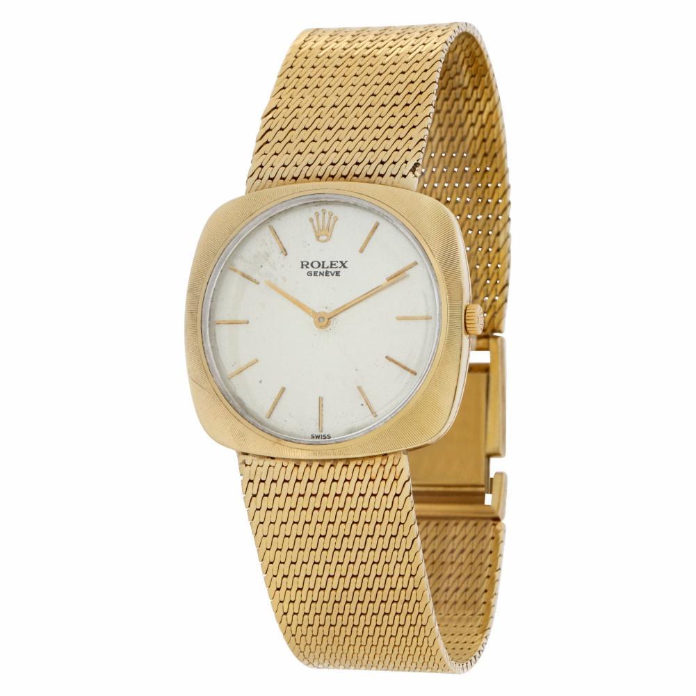 Vintage Rolex Cellini in 14k on original Rolex mesh band. Fits 6.5 inches wrist. Manual. 30 mm case size. Ref 605. Circa 1970's. Fine Pre-owned Rolex Watch. Certified preowned Vintage Rolex Cellini 605 watch is made out of yellow gold on a 14k