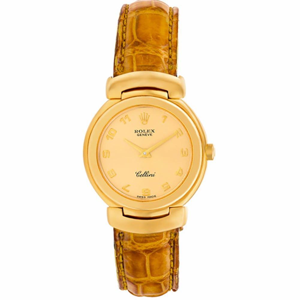 Rolex Cellini Reference #:6621. Ladies Rolex Cellini in 18k gold on leather strap with 18k gold deployant buckle. Quartz. Ref 6621. Circa 1993. Fine Pre-owned Rolex Watch. Certified preowned Rolex Cellini 6621 watch is made out of yellow gold on a