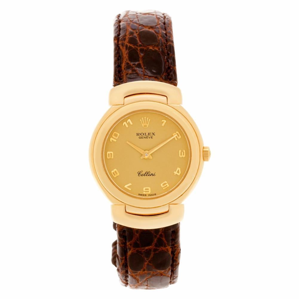 Rolex Cellini Reference #:6621. Ladies Rolex Cellini in 18k on leather strap. Quartz. Ref 6621. Circa 1993 Fine Pre-owned Rolex Watch. Certified preowned Rolex Cellini 6621 watch is made out of yellow gold on a Tan Leather Strap band with a 18k