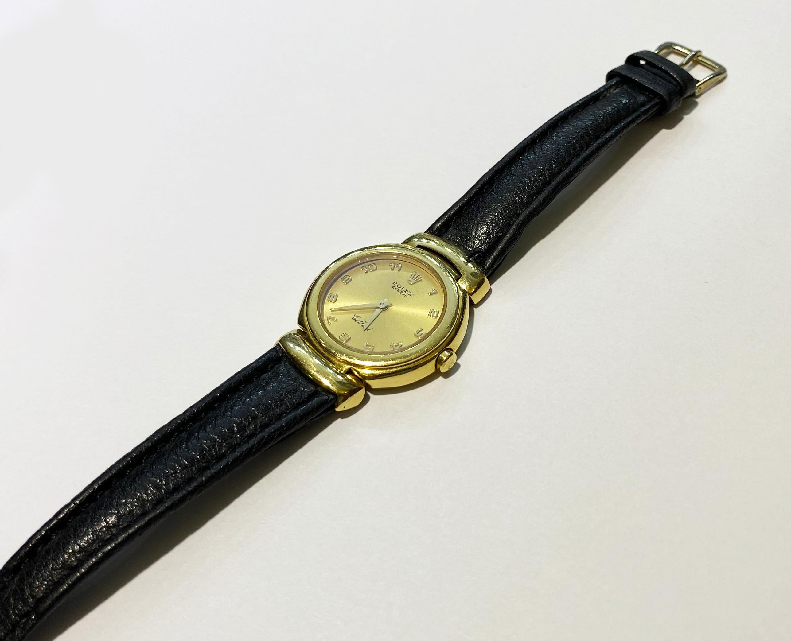 ROLEX CELLENI 6621 18K SOLID YELLOW GOLD QUARTZ LEATHER LADIES WATCH. 
Lovely ladies Rolex Celleni 6621 in 18k solid yellow gold case with a Corum black waterproof leather strap and generic buckle 

-Condition: Good cosmetic, Perfect