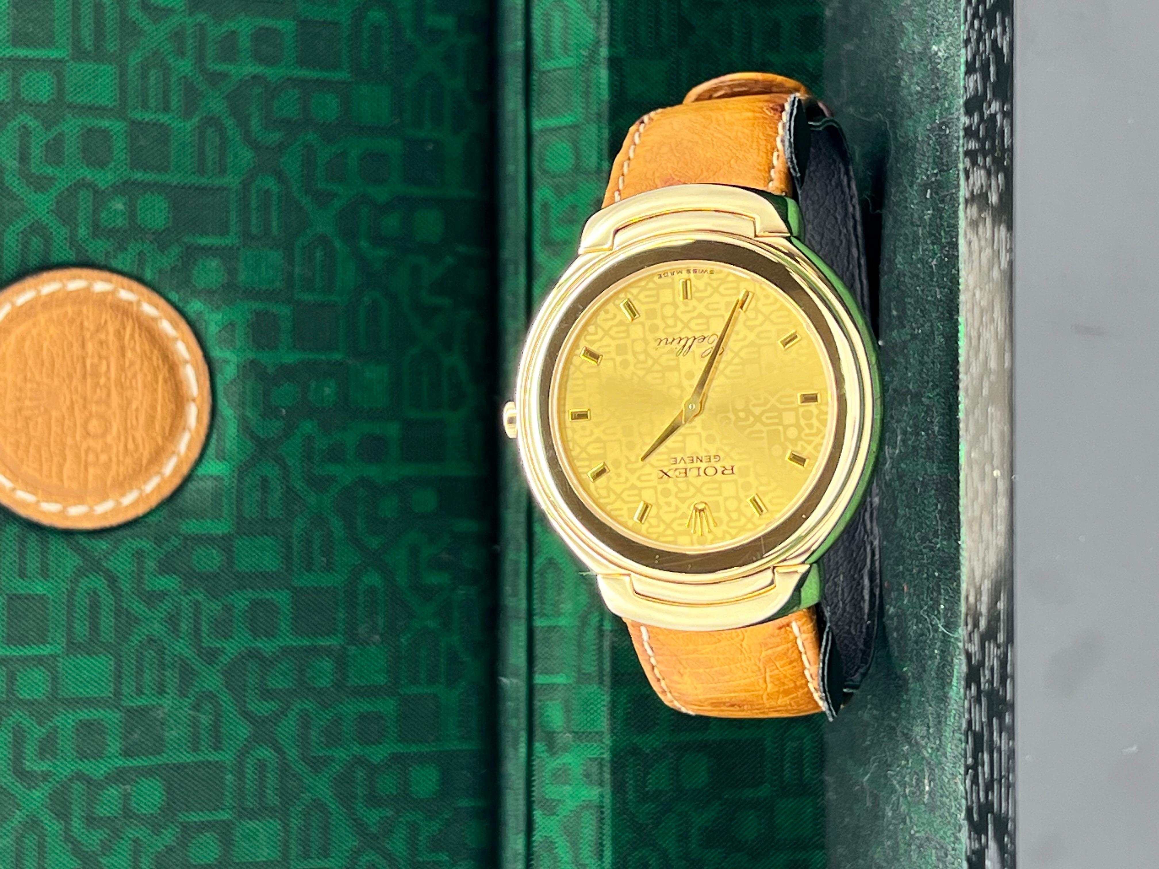 Style Number: 6623
Serial: N378078
Year: 1991
Model: Rolex Cellini
Case Material: 18K Yellow Gold
Band: Brown Leather
Bezel: 18K Yellow Gold
Dial: Champagne Jubilee Dial
Face: Sapphire Crystal
Case Size: 37mm
Includes: 
-Rolex Box &