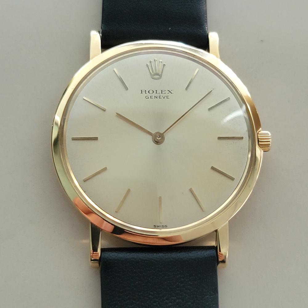 Luxuriöse klassische Rolex Cellini Ref. 9576 mit Handaufzug aus massivem 18-karätigem Gold, ca. 1962, in ausgezeichnetem Zustand. Von einem Uhrmachermeister für echt befunden. Wunderschönes, in Genf signiertes Rolex-Zifferblatt, aufgesetzte