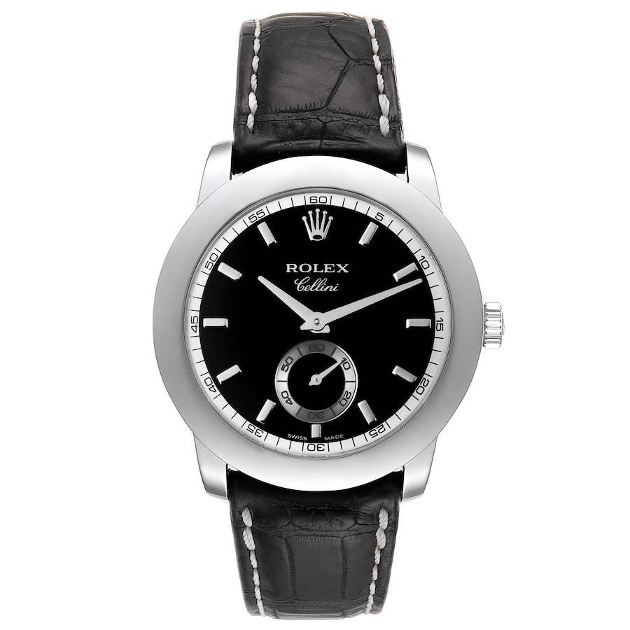 Rolex Cellini Cellinium 35mm Platinum Black Dial Mens Watch 5241 Box Card. Manual winding movement. Platinum case 35 mm in diameter. Rolex logo on a crown. . Scratch resistant sapphire crystal. Black dial with raised baton hour markers. Small