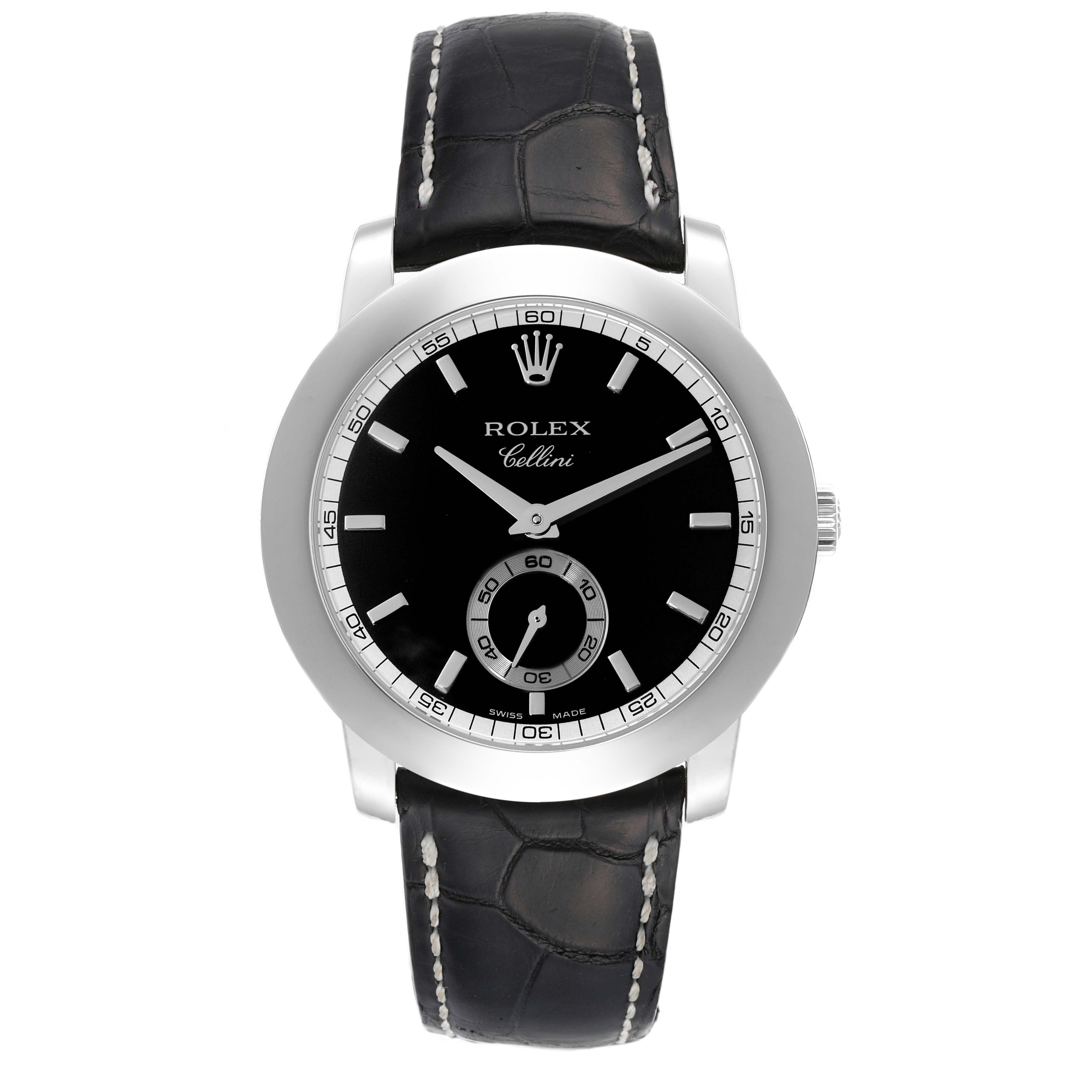 Rolex Cellini Cellinium 35mm Platinum Black Dial Mens Watch 5241 Card. Manual winding movement. Platinum case 35 mm in diameter. Rolex logo on a crown. . Scratch resistant sapphire crystal. Black dial with raised baton hour markers. Small seconds