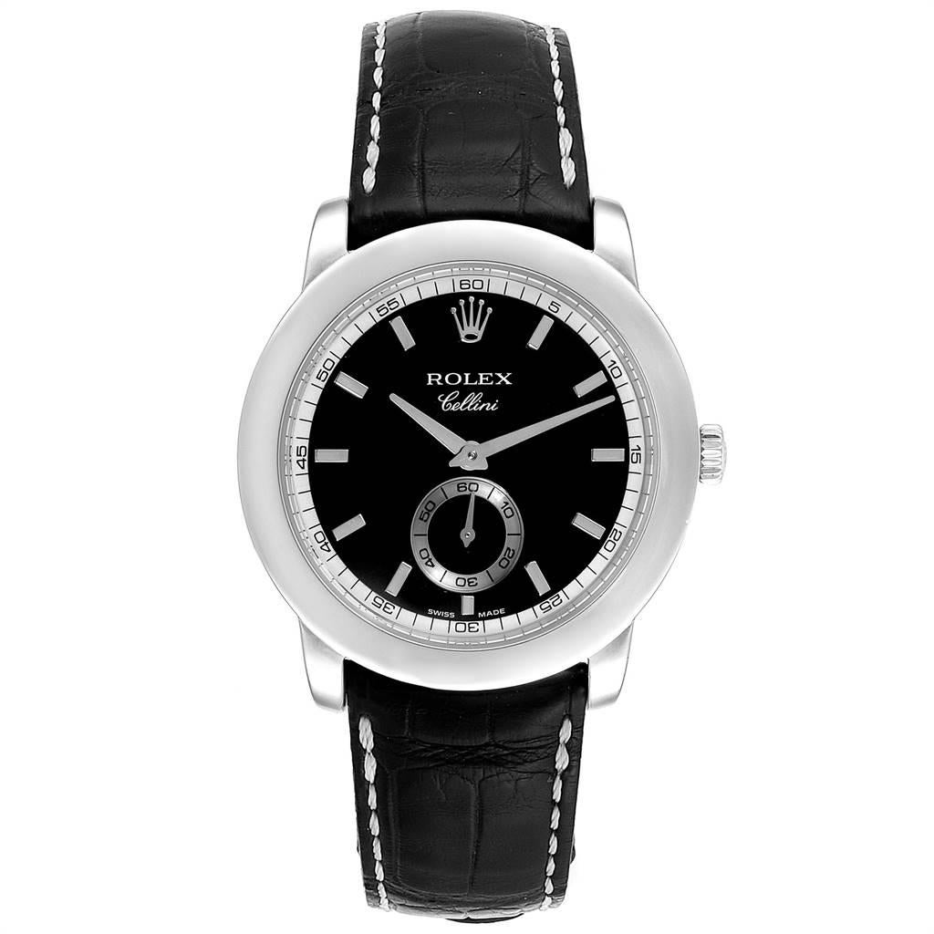 Rolex Cellini Cellinium 35mm Platinum Black Dial Mens Watch 5241. Manual winding movement. Platinum case 35 mm in diameter. Rolex logo on a crown. Scratch resistant sapphire crystal. Black dial with raised baton hour markers. Small seconds subdial