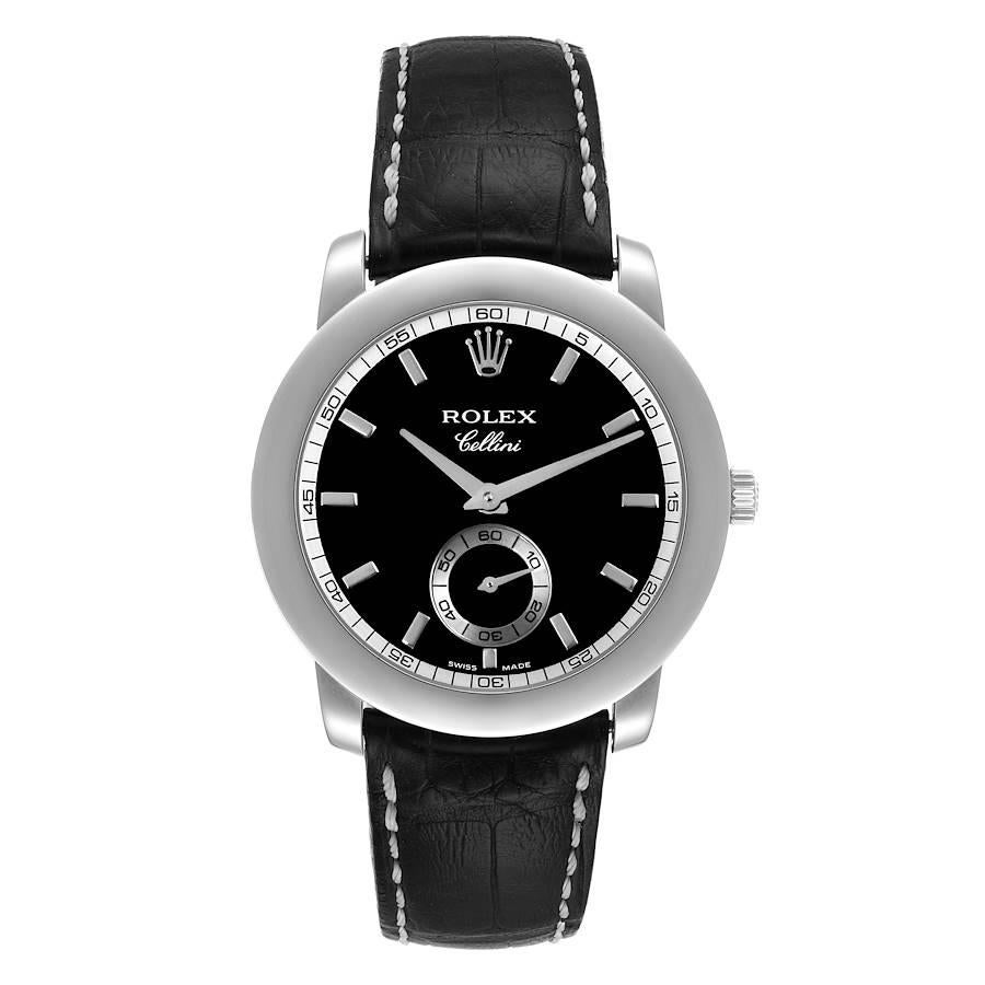 Rolex Cellini Cellinium 35mm Platinum Black Dial Mens Watch 5241. Manual winding movement. Platinum case 35 mm in diameter. Rolex logo on a crown. . Scratch resistant sapphire crystal. Black dial with raised baton hour markers. Small seconds subdial