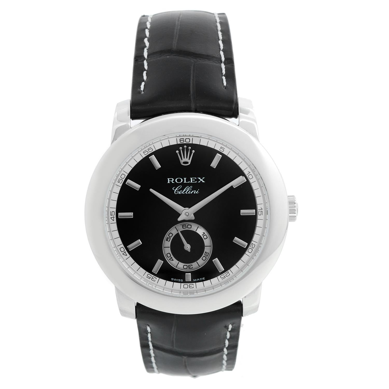 Rolex Cellini Montre en platine pour hommes avec cadran 5241/6 - Manuel  le bobinage. Boîtier en platine (38 mm de diamètre). Cadran noir avec index bâtons ; cadran des secondes à 6 heures. New Rolex Black croc strap band with platinum Rolex