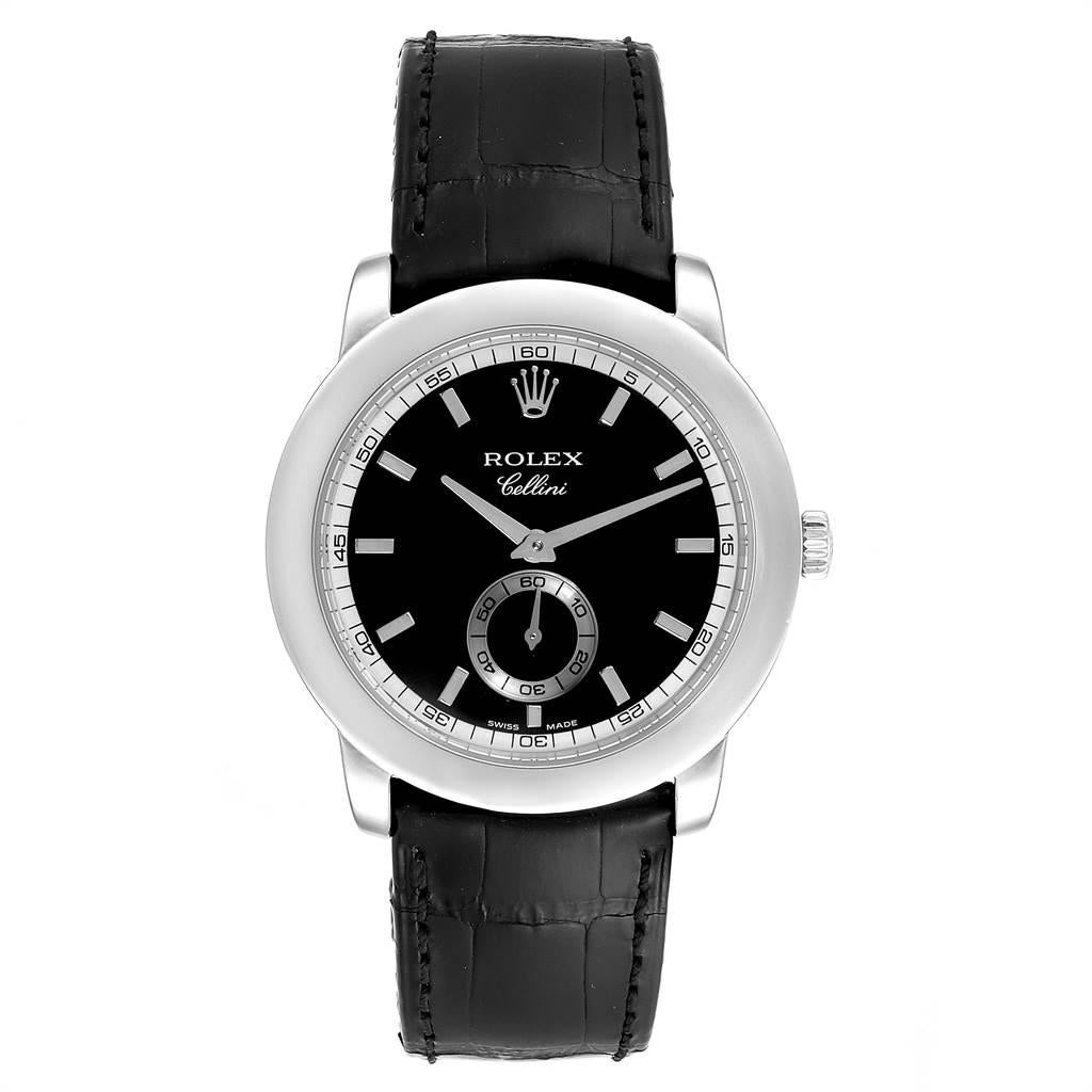 Rolex Cellini Cellinium Platinum Black Dial Mens Watch 5241. Manual winding movement. Platinum case 35 mm in diameter. Rolex logo on a crown. Scratch resistant sapphire crystal. Black dial with raised baton hour markers. Small seconds at 6 o'clock.