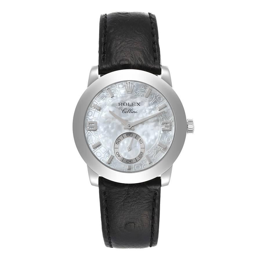 Rolex Cellini Cellinium Platinum Mother of Pearl Dial Mens Watch 5240. Manual winding movement. Platinum case 35 mm in diameter. Rolex logo on the crown. . Scratch resistant sapphire crystal. Mother of pearl dial with anniversary pattern around the