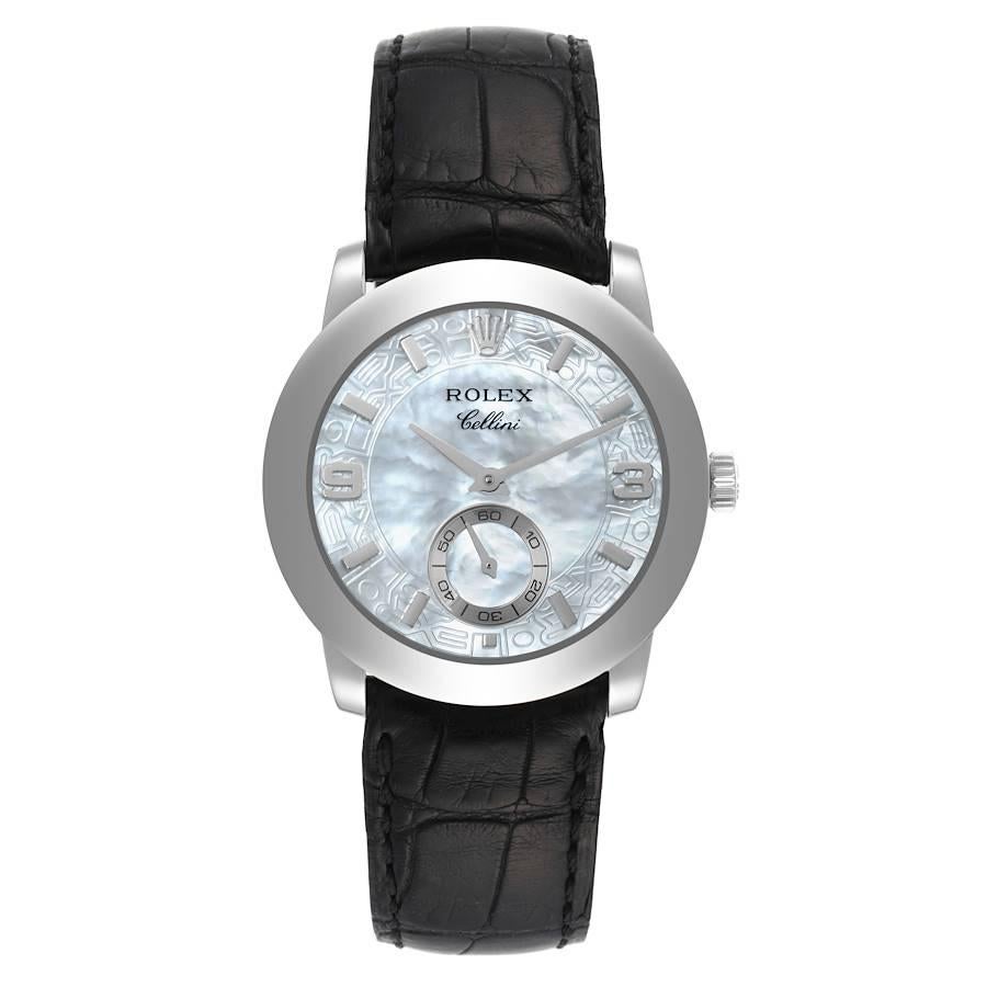 Rolex Cellini Cellinium Platinum Mother of Pearl Dial Mens Watch 5240. Manual winding movement. Platinum case 35 mm in diameter. Rolex logo on the crown. . Scratch resistant sapphire crystal. Mother of pearl dial with anniversary pattern around the