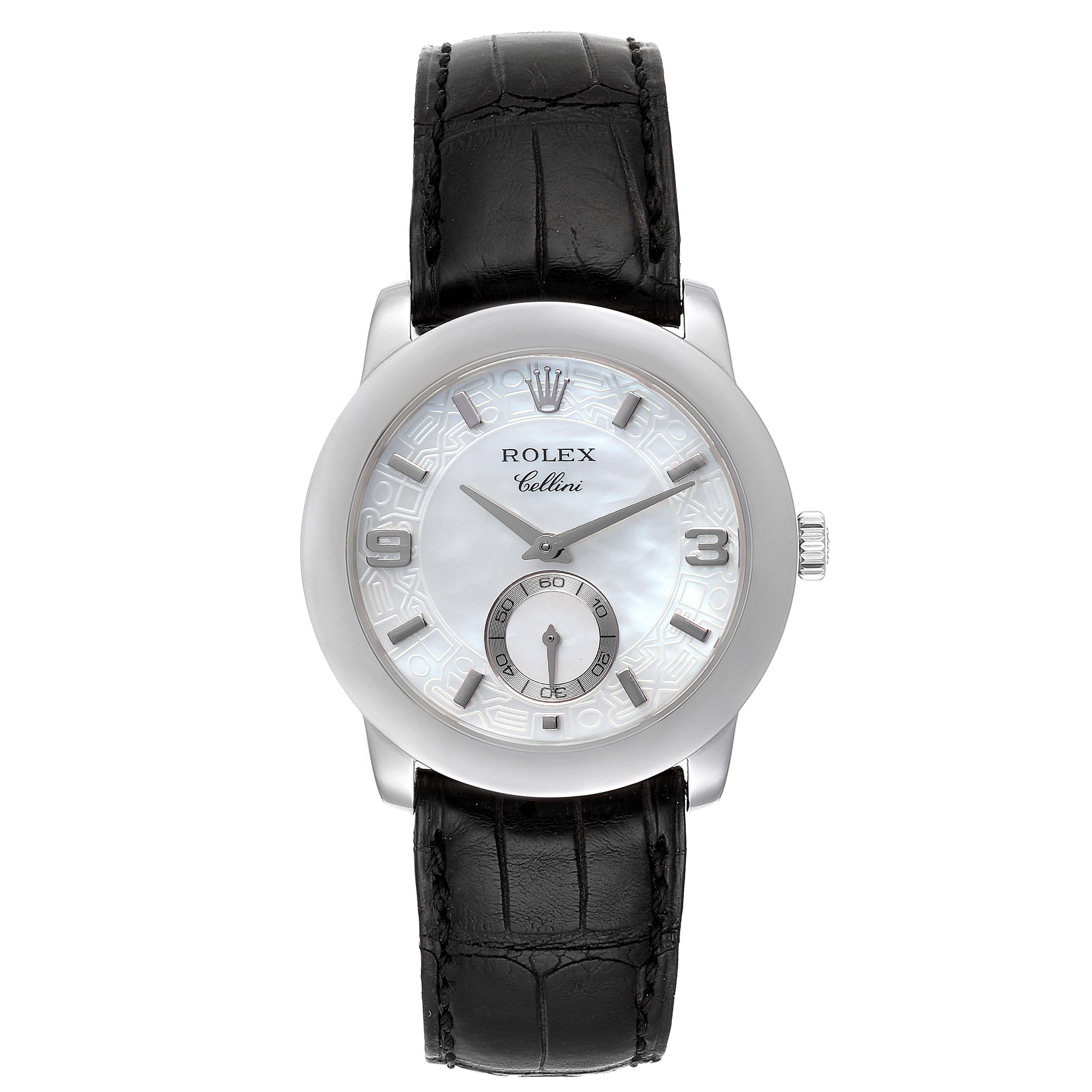 Rolex Cellini Cellinium Platinum Mother of Pearl Mens Watch 5240. Manual winding movement. Platinum case 35 mm in diameter. Rolex logo on a crown. . Scratch resistant sapphire crystal. Rolex monogram decoration mother of pearl jubilee dial with