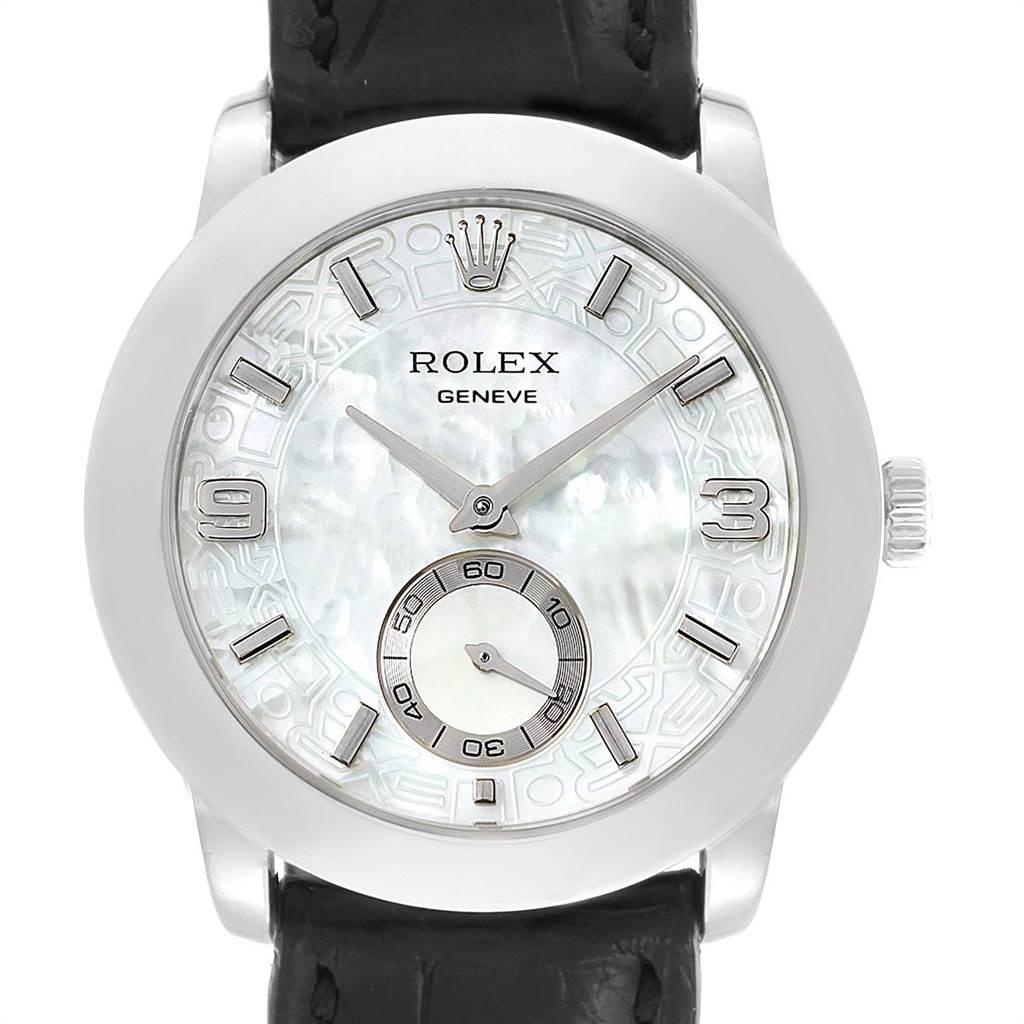 Rolex Cellini Cellinium Platinum Mother of Pearl Mens Watch 5240. Manual winding movement. Platinum case 35 mm in diameter. Rolex logo on a crown. Scratch resistant sapphire crystal. Rolex monogram decoration mother of pearl jubilee dial with index