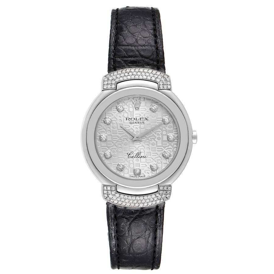 Rolex Cellini Cellissima 33mm Weißgold Diamant Damenuhr 6682 Box Papiere. Quarzwerk. Gehäuse aus 18 Karat Weißgold mit einem Durchmesser von 33,0 mm. Rolex Logo auf einer Krone. Original Rolex Werksdiamanten auf den Bandanstößen. Lünette aus 18