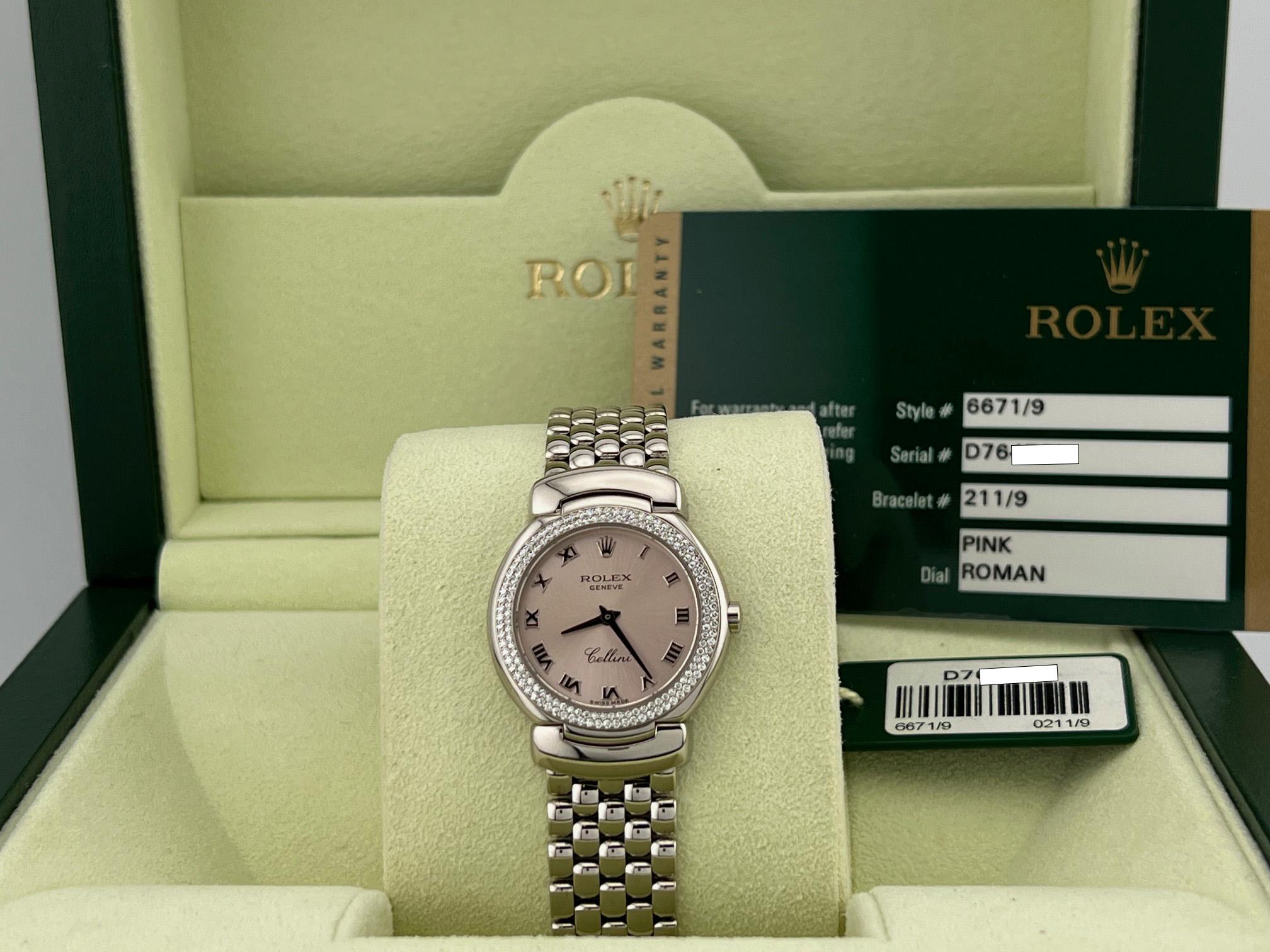Numero di stile: 6671/9

Seriale: D76****

Anno: 2009
 
Model: Rolex Cellini Cellissima
 
Materiale della cassa: Oro bianco 18k 
 
Fascia: oro bianco 18 carati 
  
Lunetta: Lunetta con diamanti a 2 file di fabbrica
  
Quadrante: quadrante rosa con