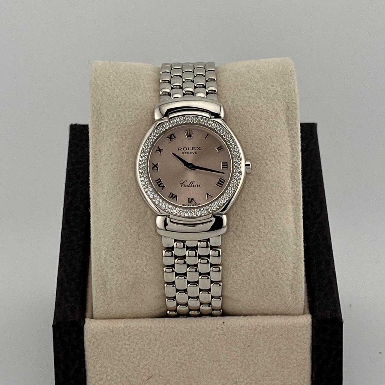 Taglio rotondo Rolex Cellini 6671/9 26mm Quadrante Rosa Lunetta Diamante Oro 18k Scatola Documenti in vendita