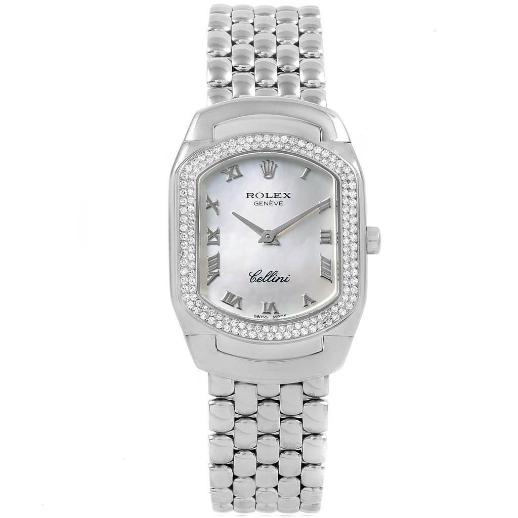 Rolex Cellini Cellissima White Gold Diamond Ladies Watch 6691 Box Papers. Quartz movement. 18k white gold case 24.0 x 35.0 mm. Rolex logo on a crown. 18k white gold 2 row diamond bezel. Scratch resistant sapphire crystal. Mother of pearl dial with
