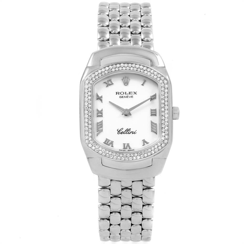 Rolex Cellini Cellissima White Gold Diamond Ladies Watch 6691. Quartz movement. 18k white gold case 24.0 x 35.0 mm. Rolex logo on a crown. 18k white gold 2 row diamond bezel. Scratch resistant sapphire crystal. White dial with raised gold roman