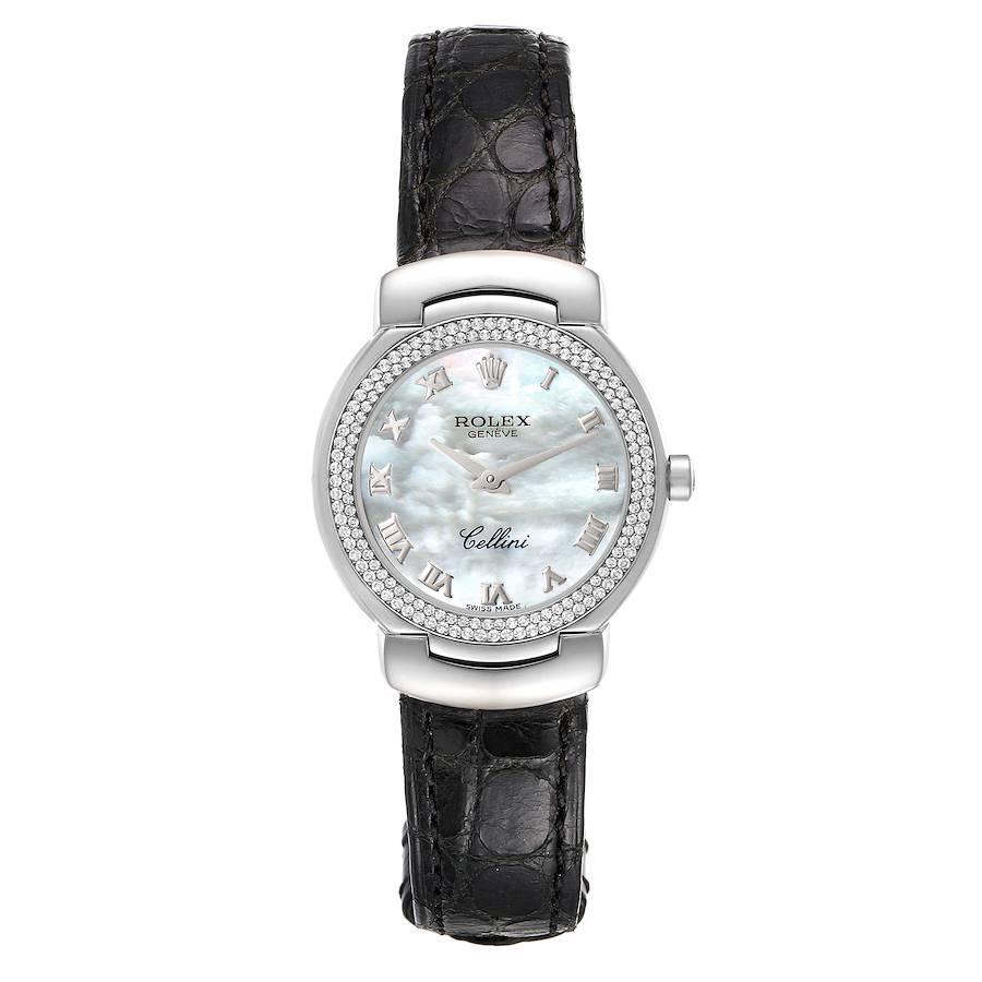 Rolex Cellini Cellissima White Gold MOP Dial Diamond Ladies Watch 6671. Quartz movement. 18k white gold case 26.0 mm in diameter. Rolex logo on a crown. 18k white gold original Rolex factory diamond bezel. Scratch resistant sapphire crystal. Flat