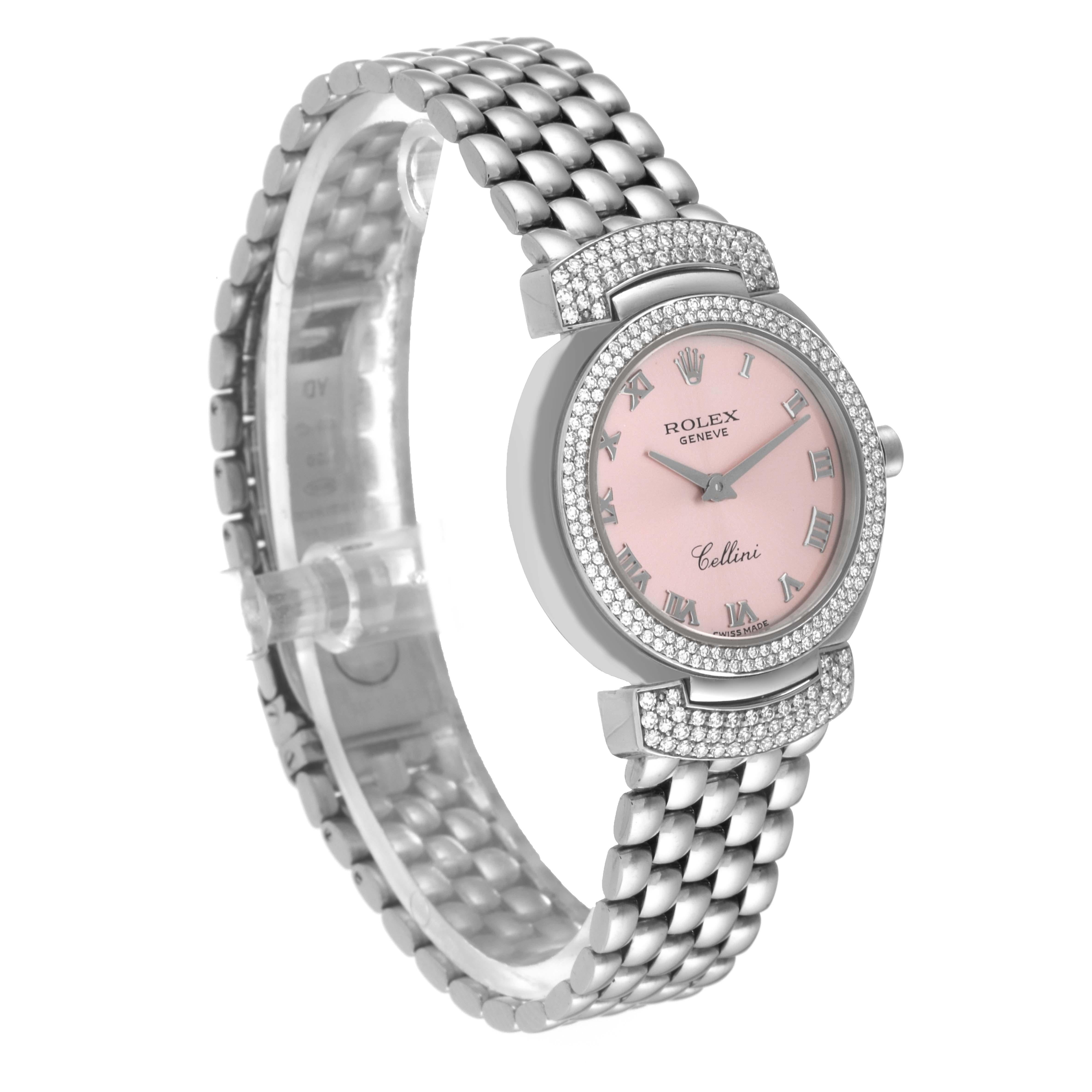Rolex Cellini Cellissima White Gold Pink Dial Diamond Ladies Watch 6673 In Excellent Condition In Atlanta, GA