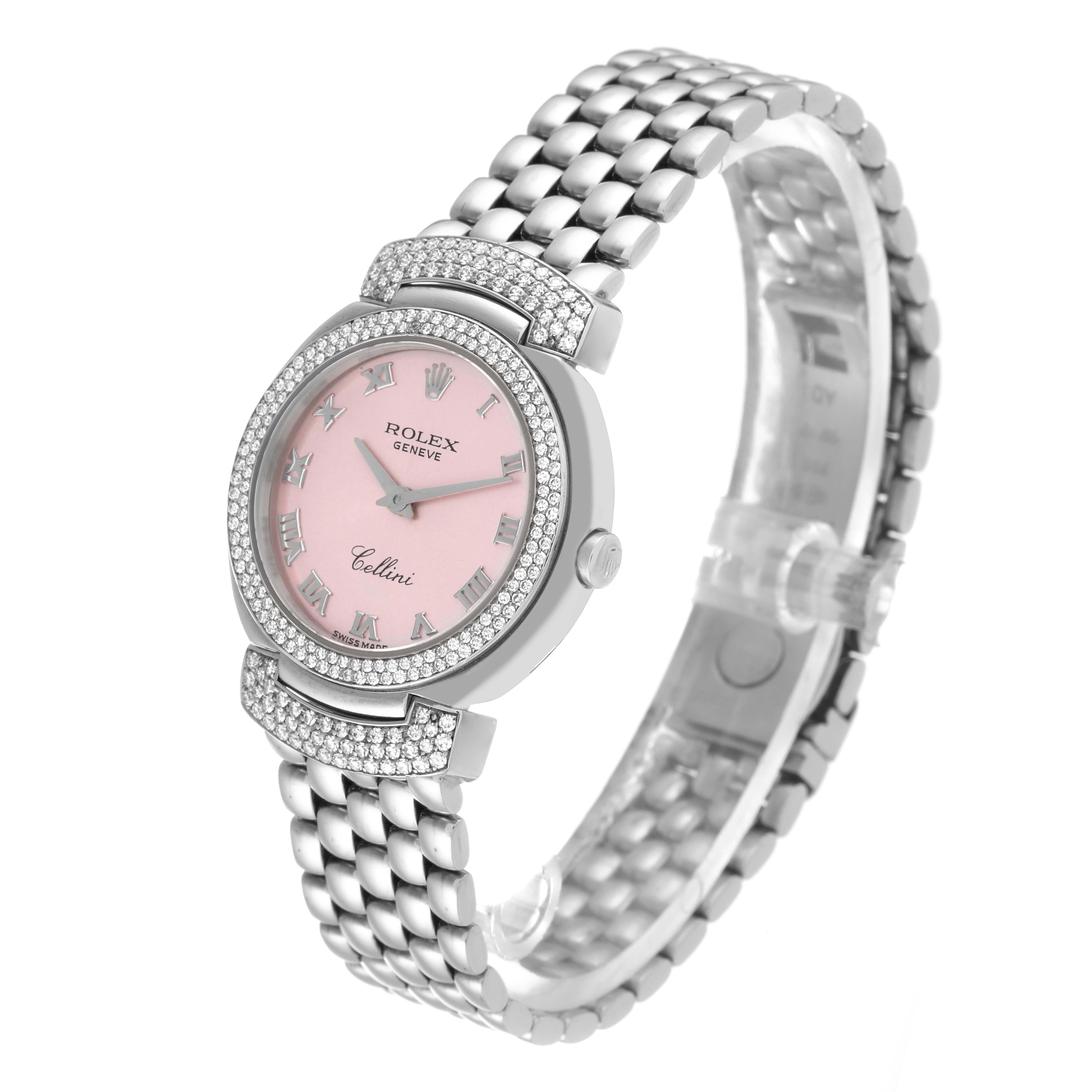 Women's Rolex Cellini Cellissima White Gold Pink Dial Diamond Ladies Watch 6673