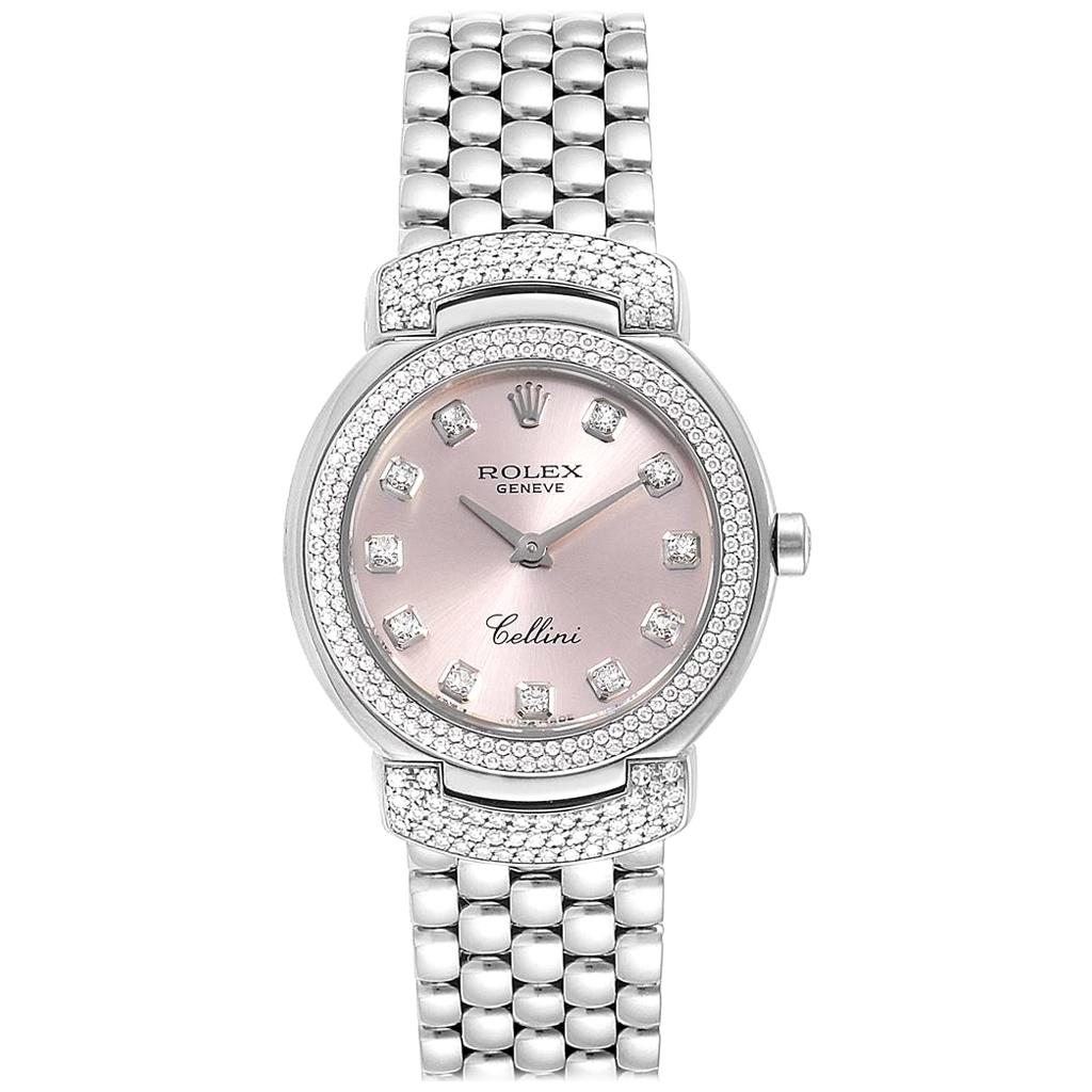 Rolex Cellini Cellissima White Gold Pink Dial Diamond Ladies Watch 6673 For Sale