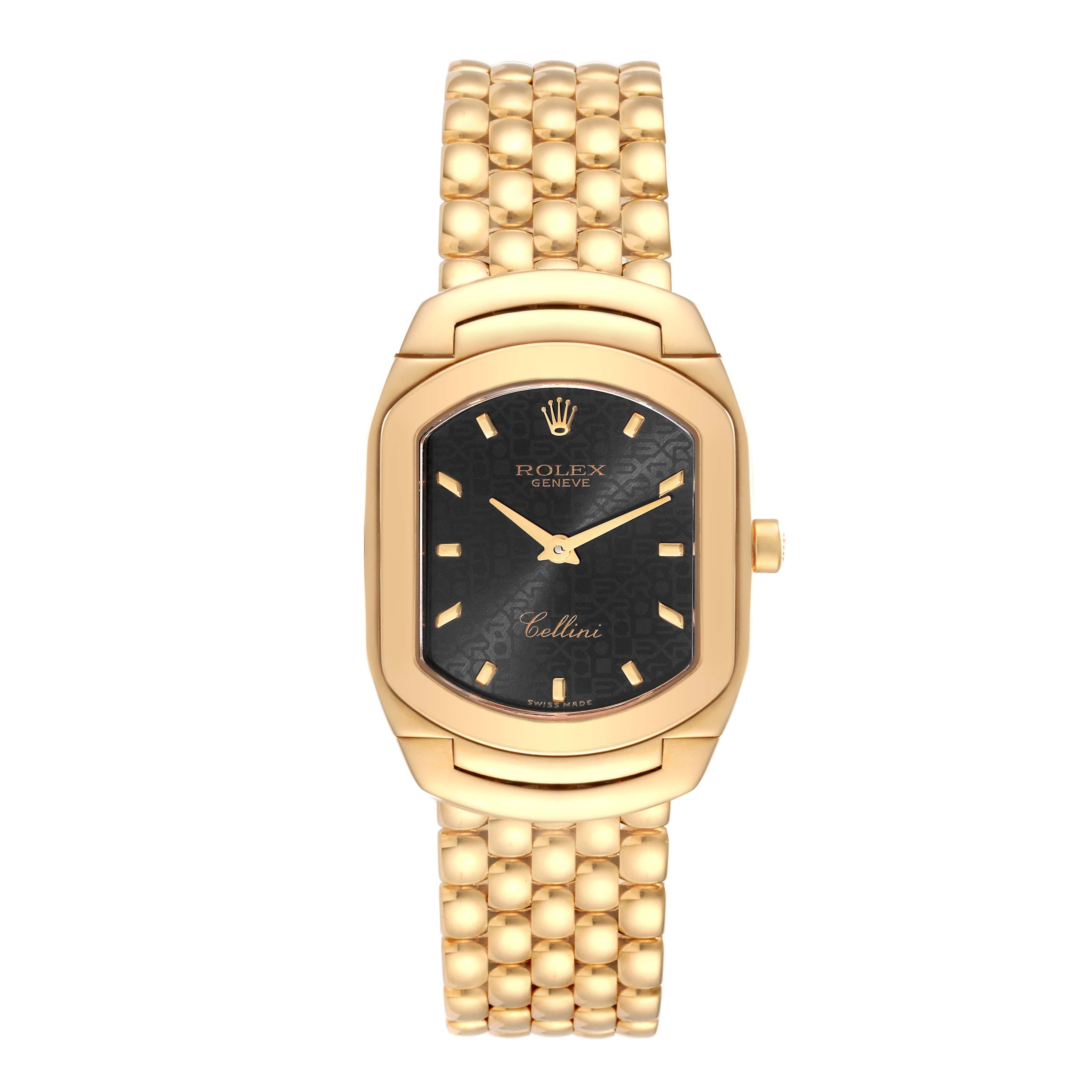 Rolex Cellini Cellissima Yellow Gold Black Anniversary Dial Ladies Watch 6631. Quartz movement. 18k yellow gold case 24.0 x 35.0 mm. Rolex logo on a crown. 18k yellow gold bezel. Scratch resistant sapphire crystal. Black jubilee anniversary dial