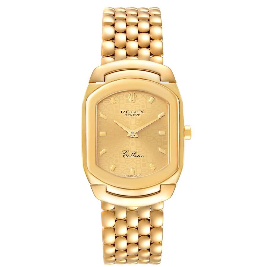 Rolex Cellini Cellissima Gelbgold Champagner Zifferblatt Damenuhr 6631. Quarzwerk. Gehäuse aus 18k Gelbgold 24,0 x 35,0 mm. Rolex Logo auf einer Krone. Lünette aus 18 Karat Gelbgold. Kratzfestes Saphirglas. Champagnerfarbenes Jubiläumszifferblatt