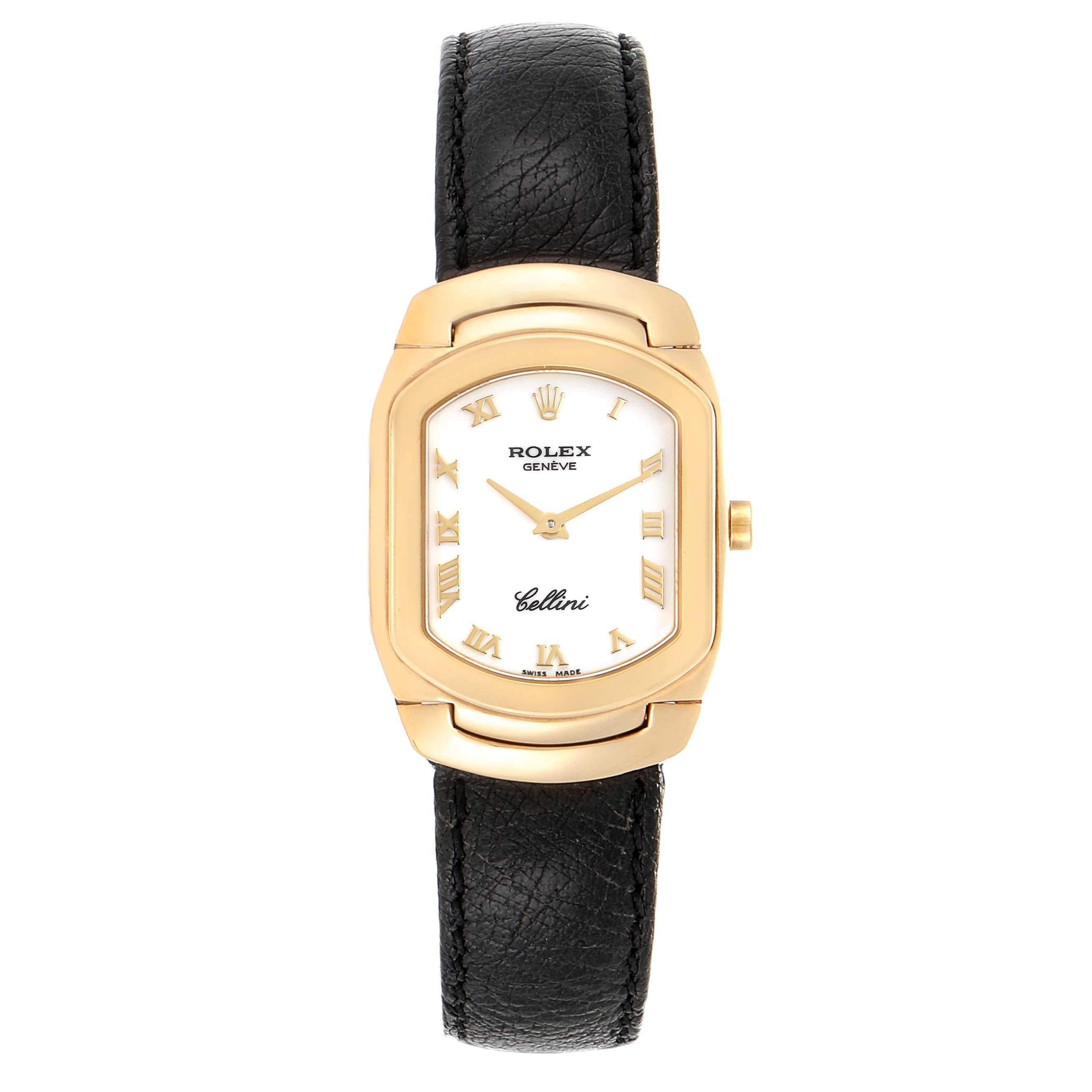 Rolex Cellini Cellissima Yellow Gold White Dial Ladies Watch 6631. Quartz movement. 18k yellow gold case 24.0 x 35.0 mm. Rolex logo on a crown. 18k yellow gold bezel. Scratch resistant sapphire crystal. White dial with raised gold roman numerals.
