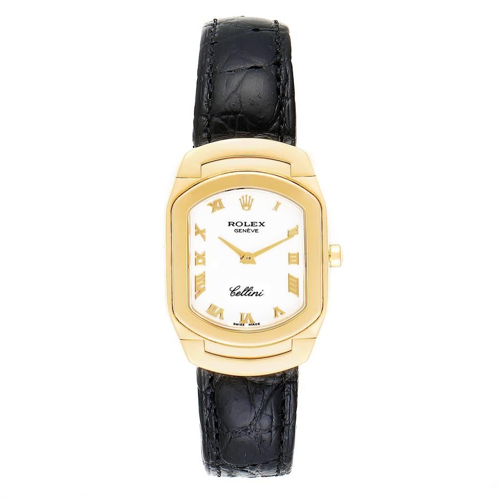 Rolex Cellini Cellissima Yellow Gold White Dial Ladies Watch 6631. Quartz movement. 18k yellow gold case 24.0 x 35.0 mm. Rolex logo on a crown. 18k yellow gold bezel. Scratch resistant sapphire crystal. White dial with raised gold roman numerals.