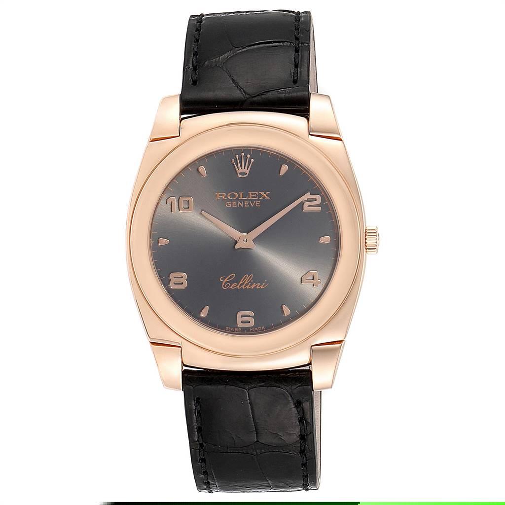 Rolex Cellini Cestello 18K Rose Gold Slate Dial Mens Watch 5330. Manual-winding movement. 18k Rose gold cushion case 36.0 mm. Rolex logo on a crown. 18K rose gold bezel. Scratch resistant sapphire crystal. Slate dial with rose gold arabic numerals.