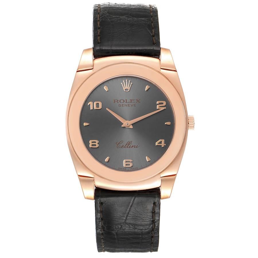 Rolex Cellini Cestello 18K Rose Gold Slate Dial Mens Watch 5330. Manual winding movement. 18k rose gold cushion case 36.0 mm. Rolex logo on a crown. . Scratch resistant sapphire crystal. Slate dial with rose gold arabic numerals and index hour