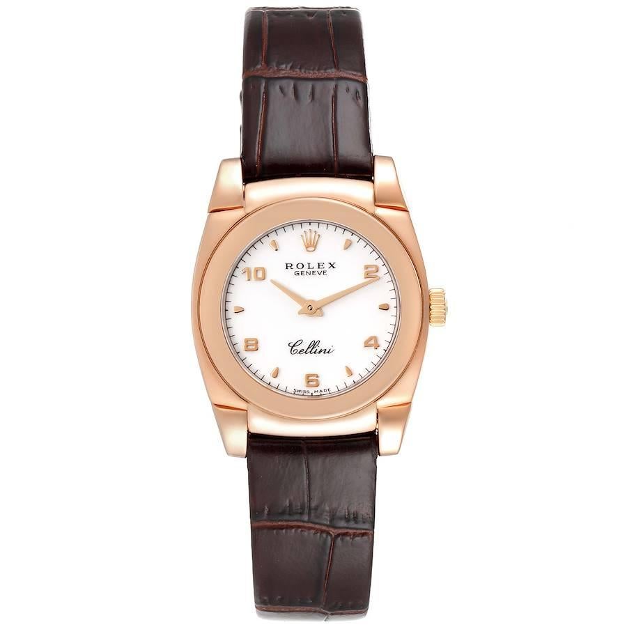 Rolex Cellini Cestello 18k Rose Gold White Dial Ladies Watch 5310. Manual winding movement. 18k rose gold case 26.0 mm in diameter. Rolex logo on a crown. . Scratch resistant sapphire crystal. Flat profile. White dial with arabic numerals and
